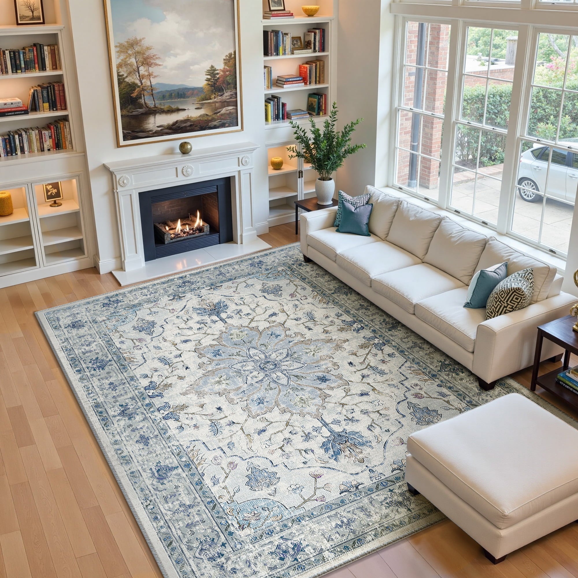 Area Rugs 6'x9' for Living Room, Machine Washable Non-Slip Bedroom Rug, Low Pile Floral Vintage Distress Print Pattern Medallion Carpet, Blue Beige
