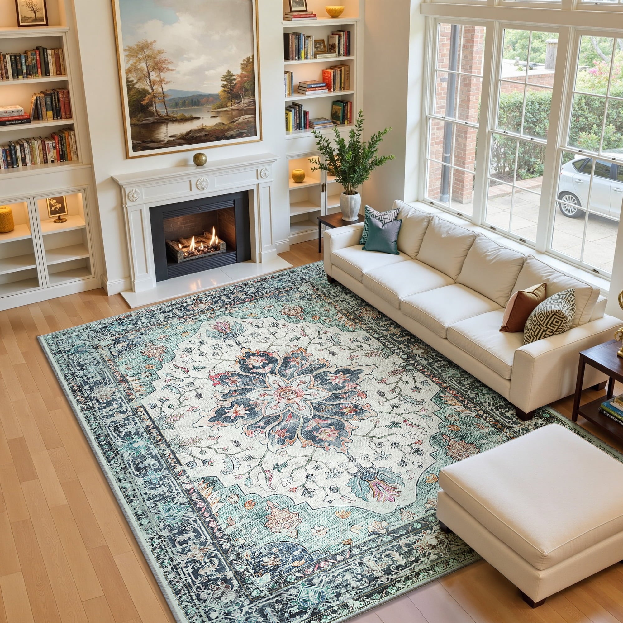 Area Rugs 6'x9' for Living Room, Machine Washable Non-Slip Bedroom Rug, Low Pile Floral Vintage Distress Print Pattern Medallion Carpet, Navy Blue White