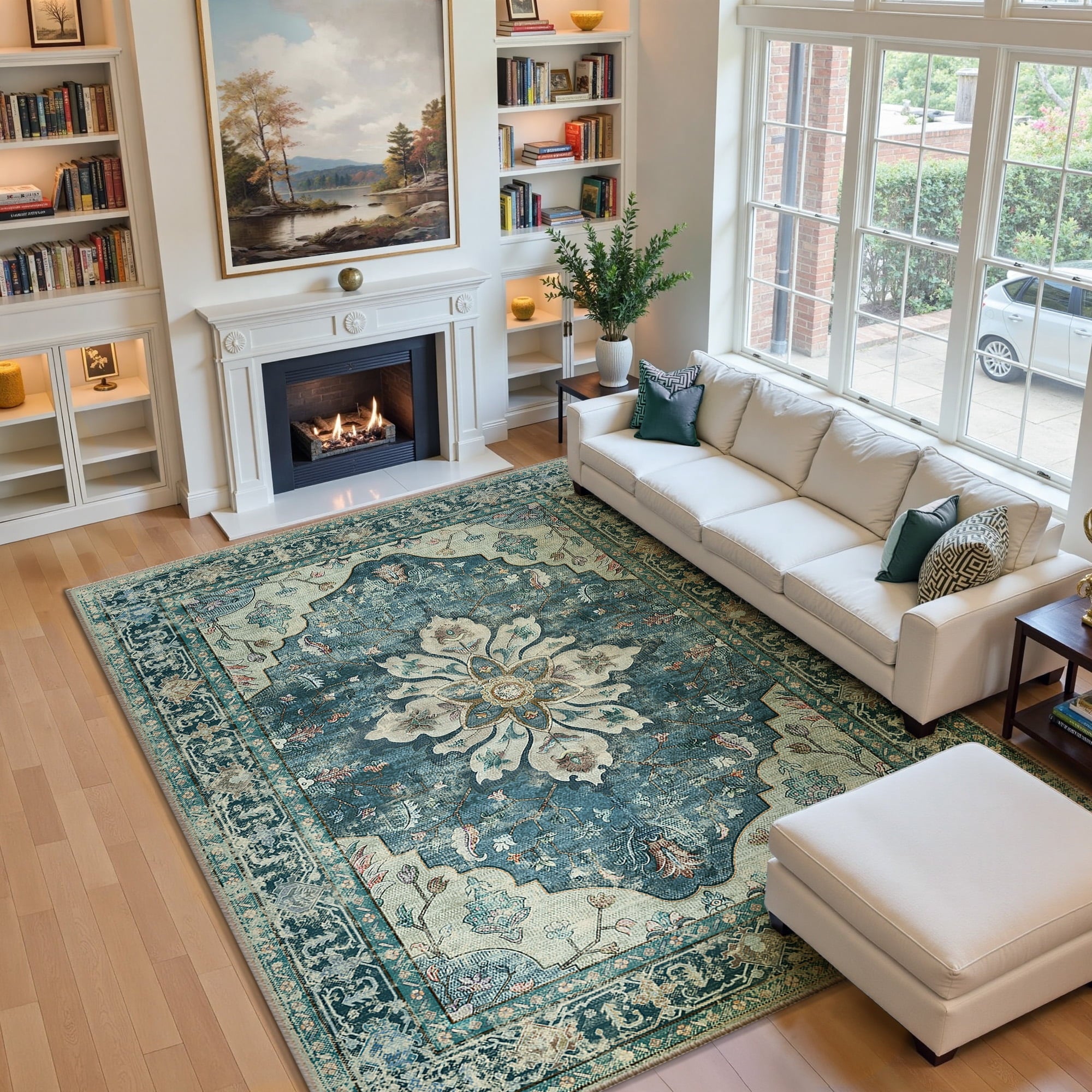 Area Rugs 6'x9' for Living Room, Machine Washable Non-Slip Bedroom Rug, Low Pile Floral Vintage Distress Print Pattern Medallion Carpet, Dark Blue
