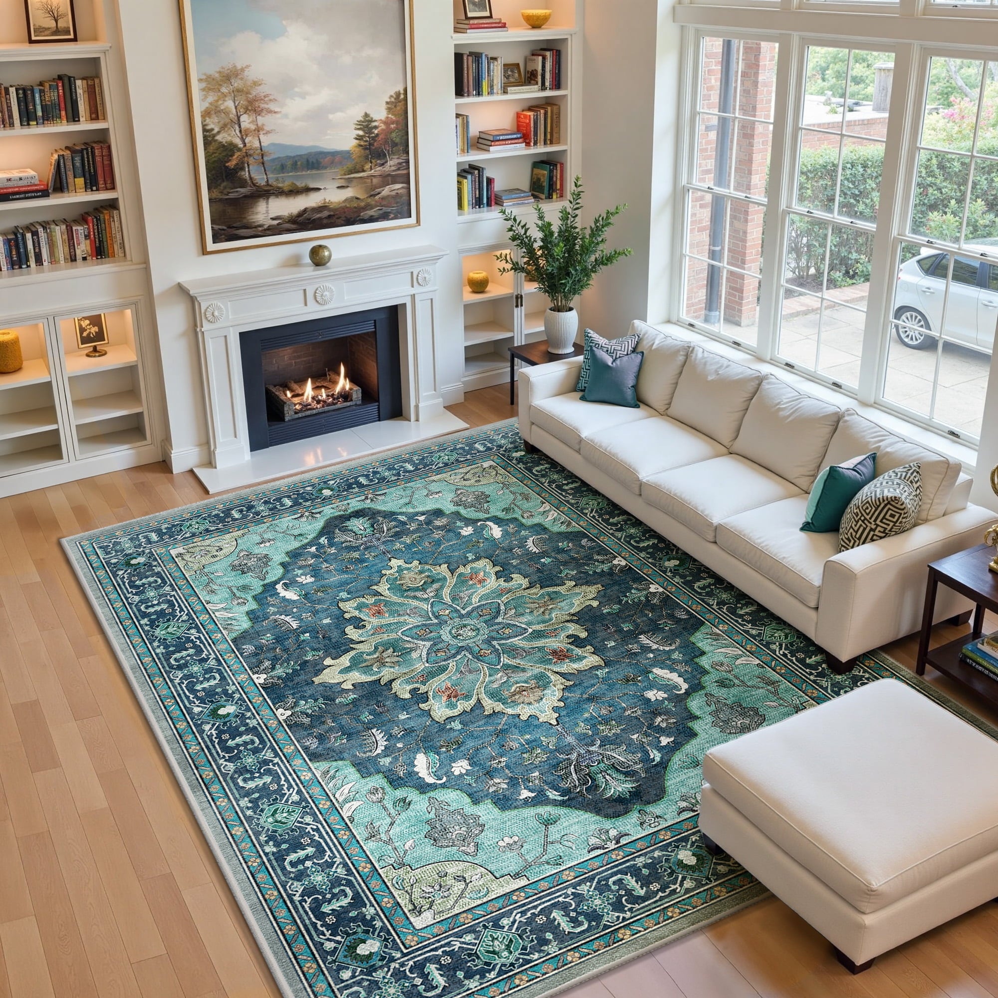 Area Rugs 6'x9' for Living Room, Machine Washable Non-Slip Bedroom Rug, Low Pile Floral Vintage Distress Print Pattern Medallion Carpet, Teal Green
