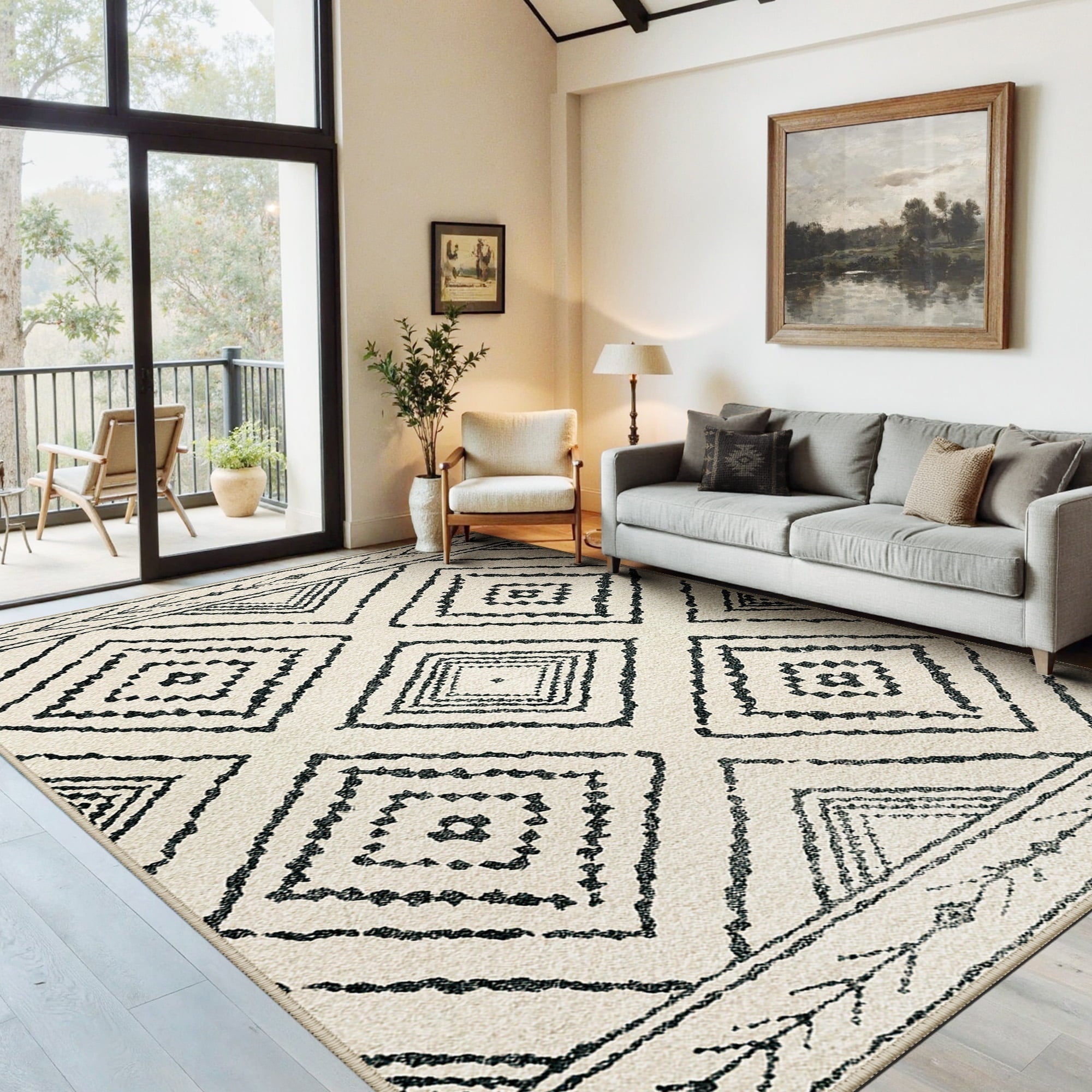 6'x9' Area Rugs for Living Room, Machine Washable Non-Slip Rugs, Low Pile Print Pattern Vintage Distressed Moroccan Western Carpet, White & Black