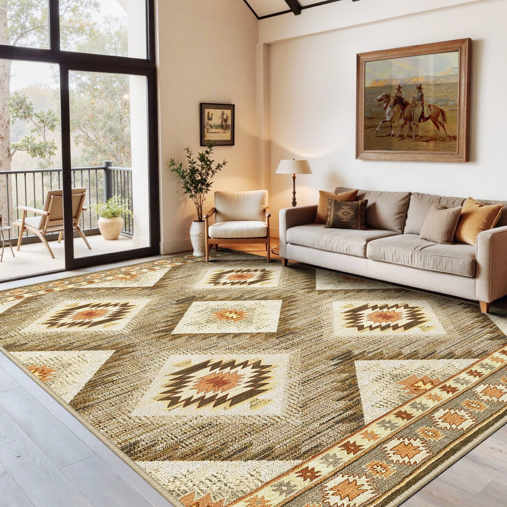 6'x9' Area Rugs for Living Room, Machine Washable Non-Slip Rugs, Low Pile Print Pattern Vintage Distressed Moroccan Western Carpet, Camel