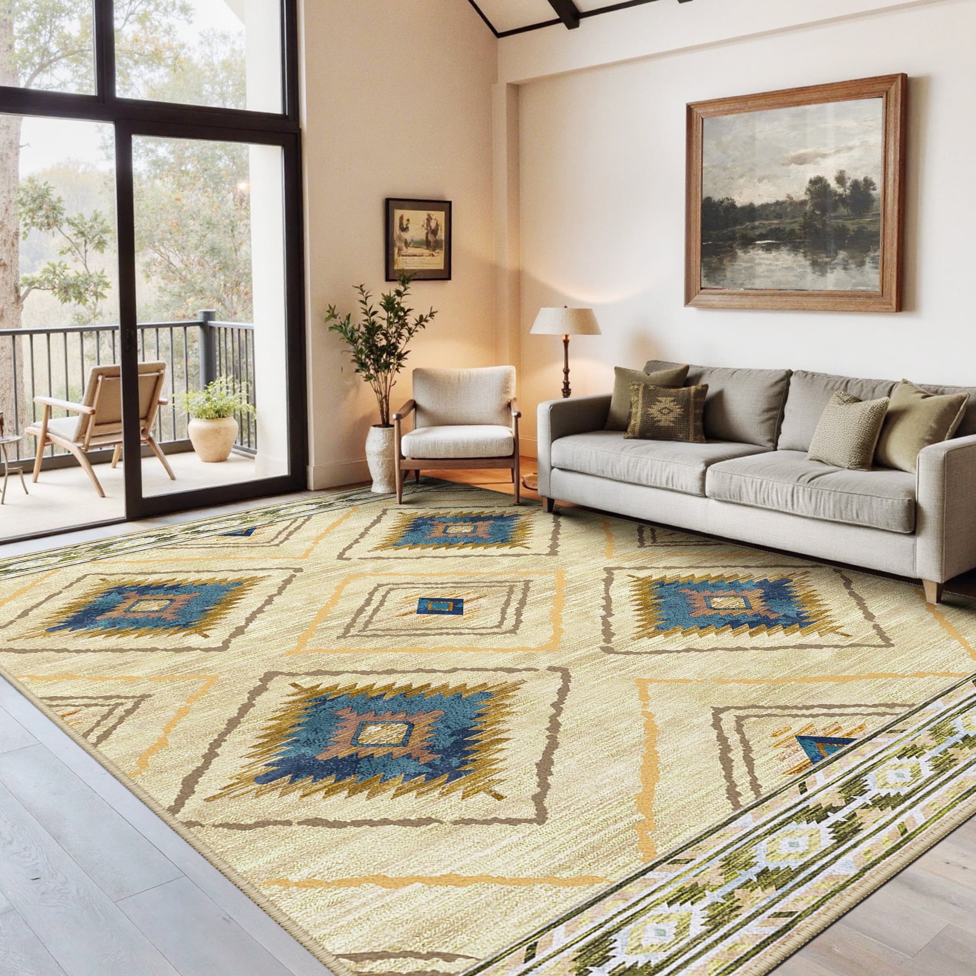6'x9' Area Rugs for Living Room, Machine Washable Non-Slip Rugs, Low Pile Print Pattern Vintage Distressed Moroccan Western Carpet, Khaki
