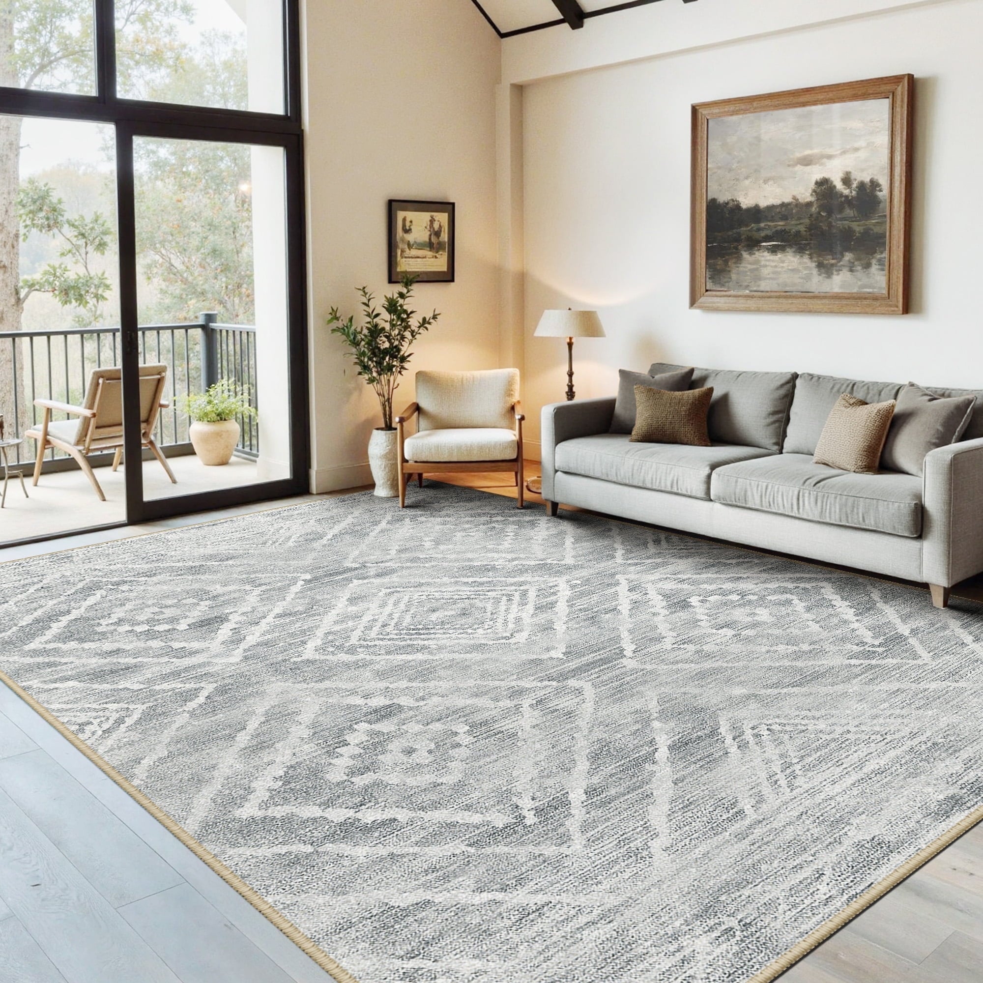6'x9' Area Rugs for Living Room, Machine Washable Non-Slip Rugs, Low Pile Print Pattern Vintage Distressed Moroccan Western Carpet, Light Gray