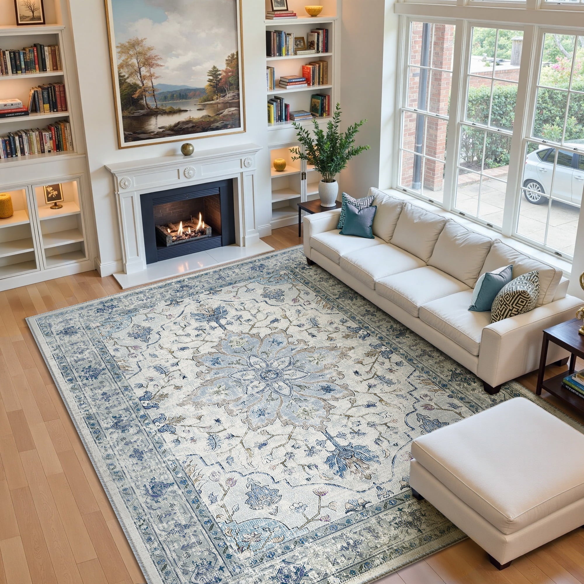 Area Rugs 8'x10' for Living Room, Machine Washable Non-Slip Bedroom Rug, Low Pile Floral Vintage Distress Print Pattern Medallion Carpet, Blue Beige