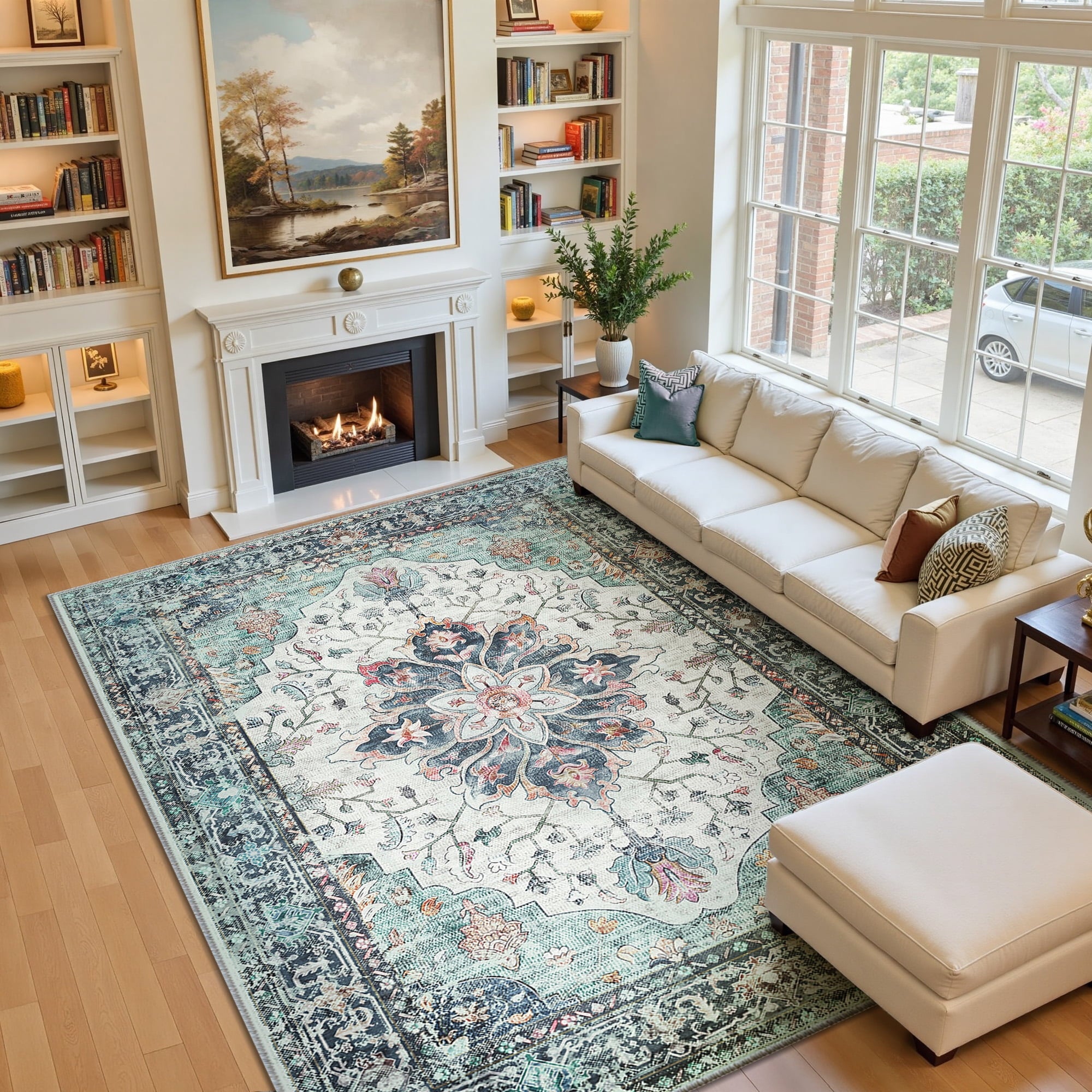 Area Rugs 8'x10' for Living Room, Machine Washable Non-Slip Bedroom Rug, Low Pile Floral Vintage Distress Print Pattern Medallion Carpet, Navy Blue White