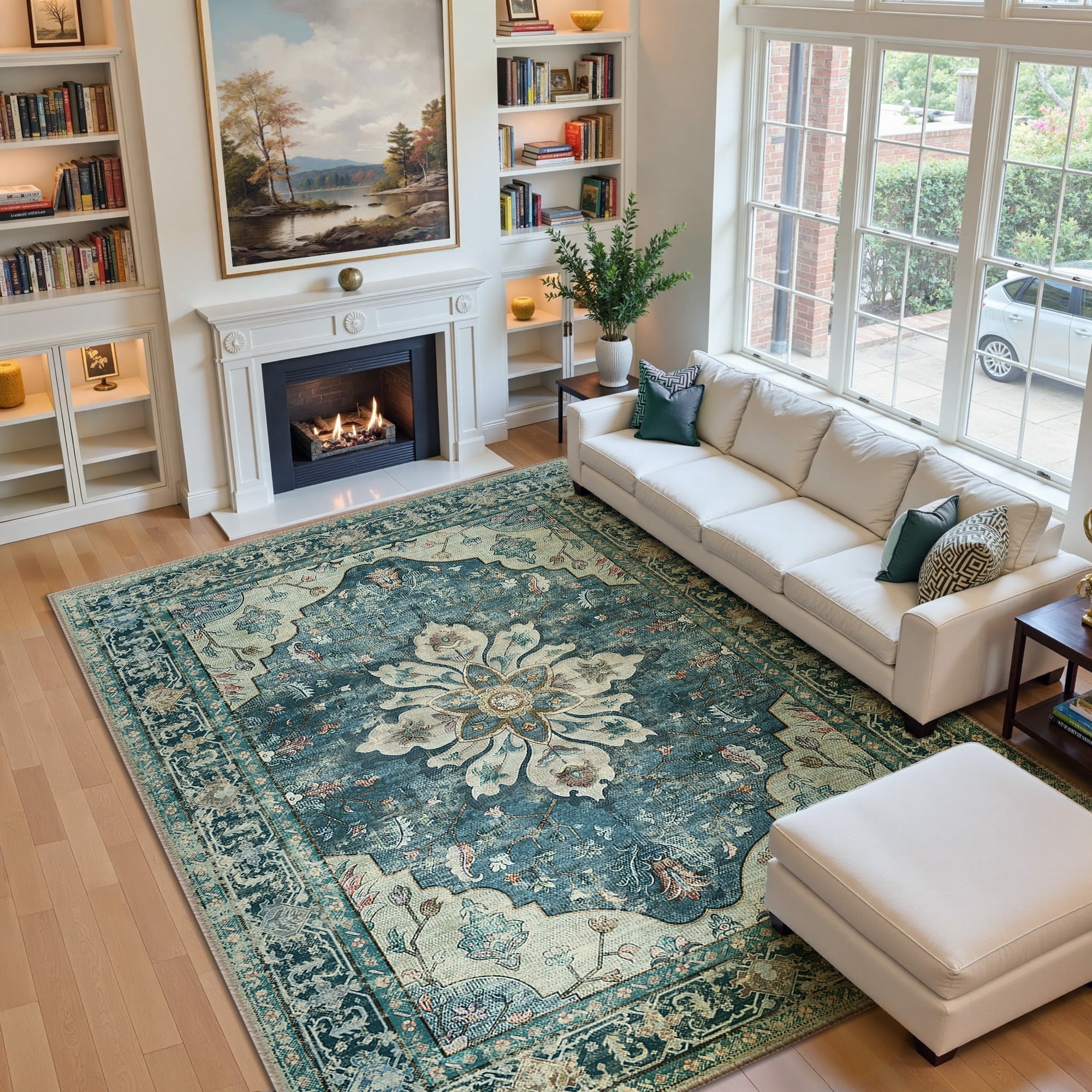 Area Rugs 8'x10' for Living Room, Machine Washable Non-Slip Bedroom Rug, Low Pile Floral Vintage Distress Print Pattern Medallion Carpet, Dark Blue