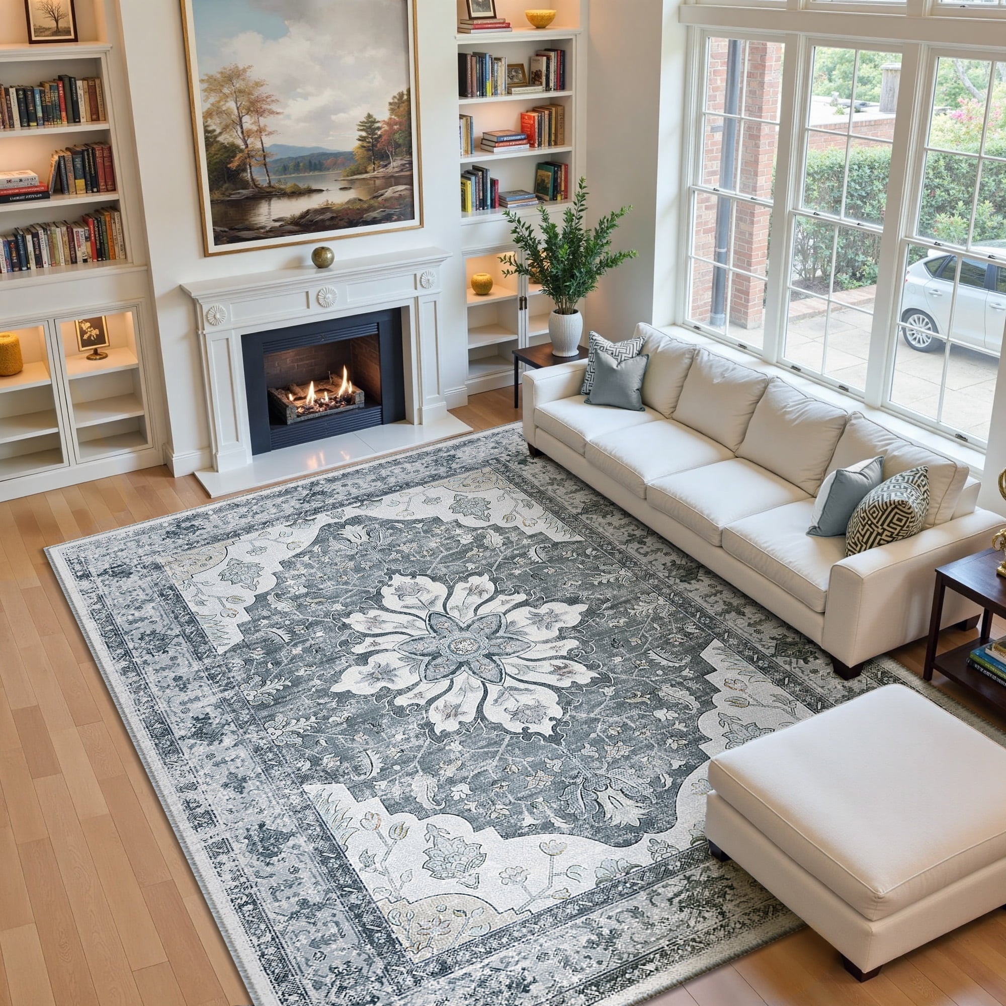 Area Rugs 8'x10' for Living Room, Machine Washable Non-Slip Bedroom Rug, Low Pile Floral Vintage Distress Print Pattern Medallion Carpet, Gray White