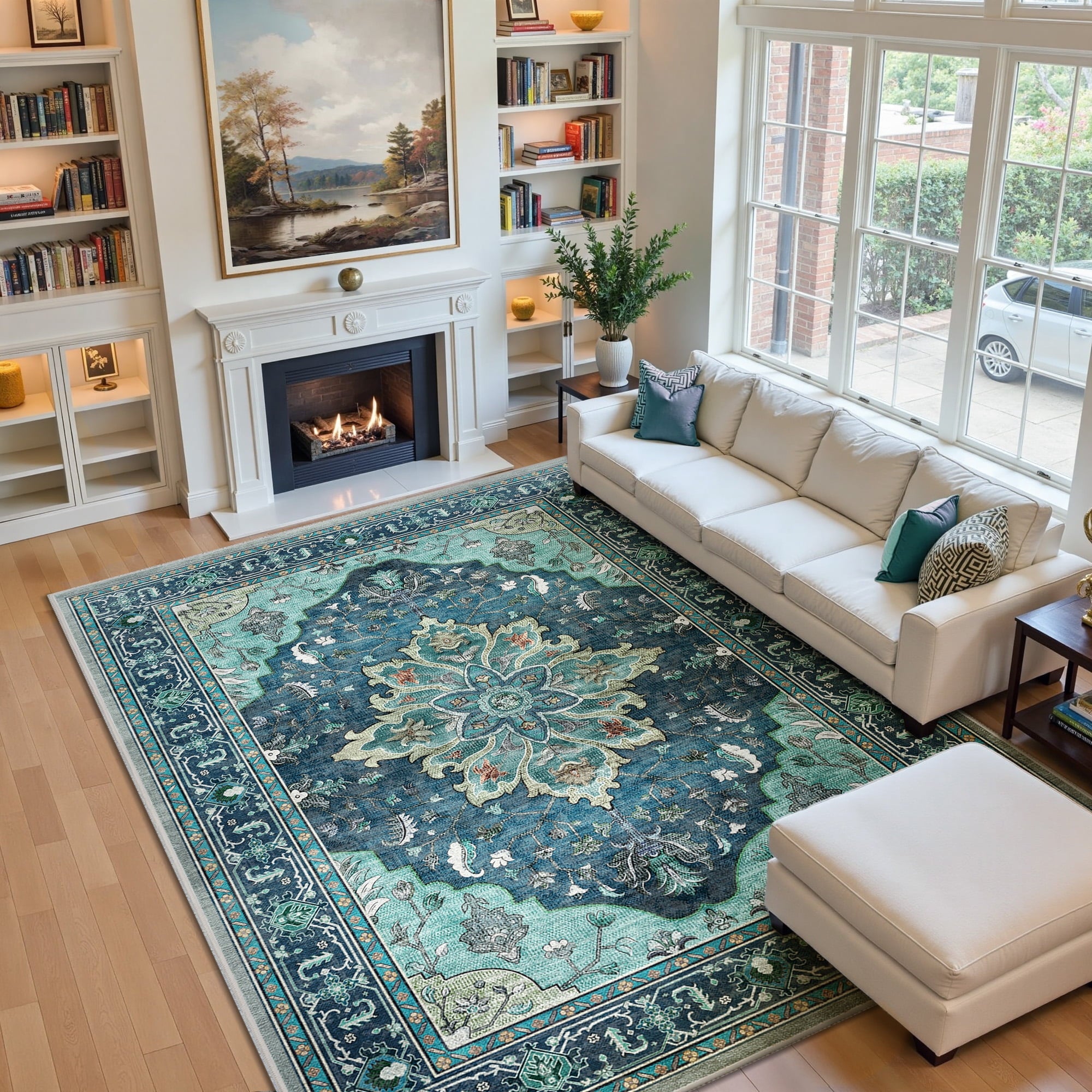 Area Rugs 8'x10' for Living Room, Machine Washable Non-Slip Bedroom Rug, Low Pile Floral Vintage Distress Print Pattern Medallion Carpet, Teal Green