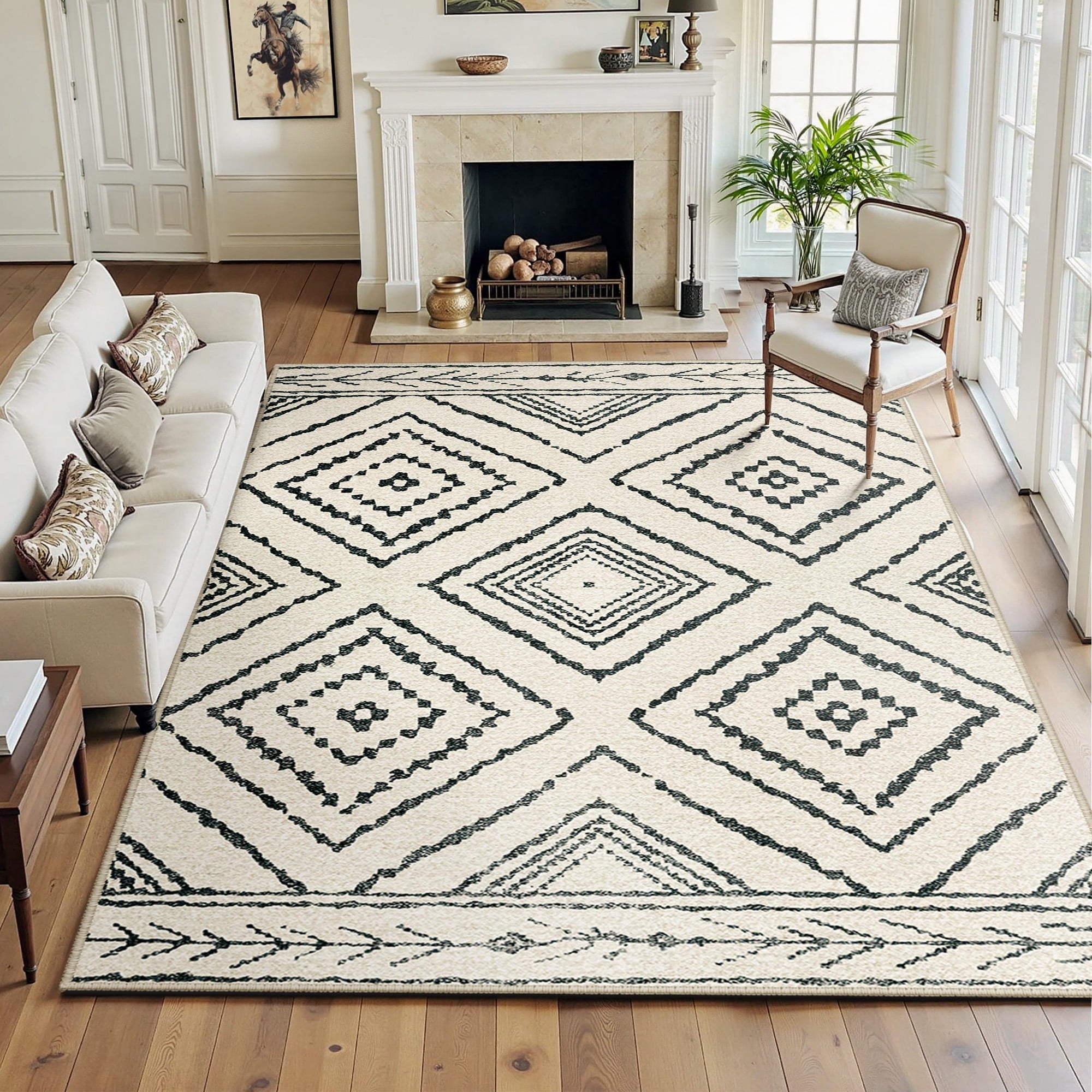 8'x10' Area Rugs for Living Room, Machine Washable Non-Slip Rugs, Low Pile Print Pattern Vintage Distressed Moroccan Western Carpet, White & Black