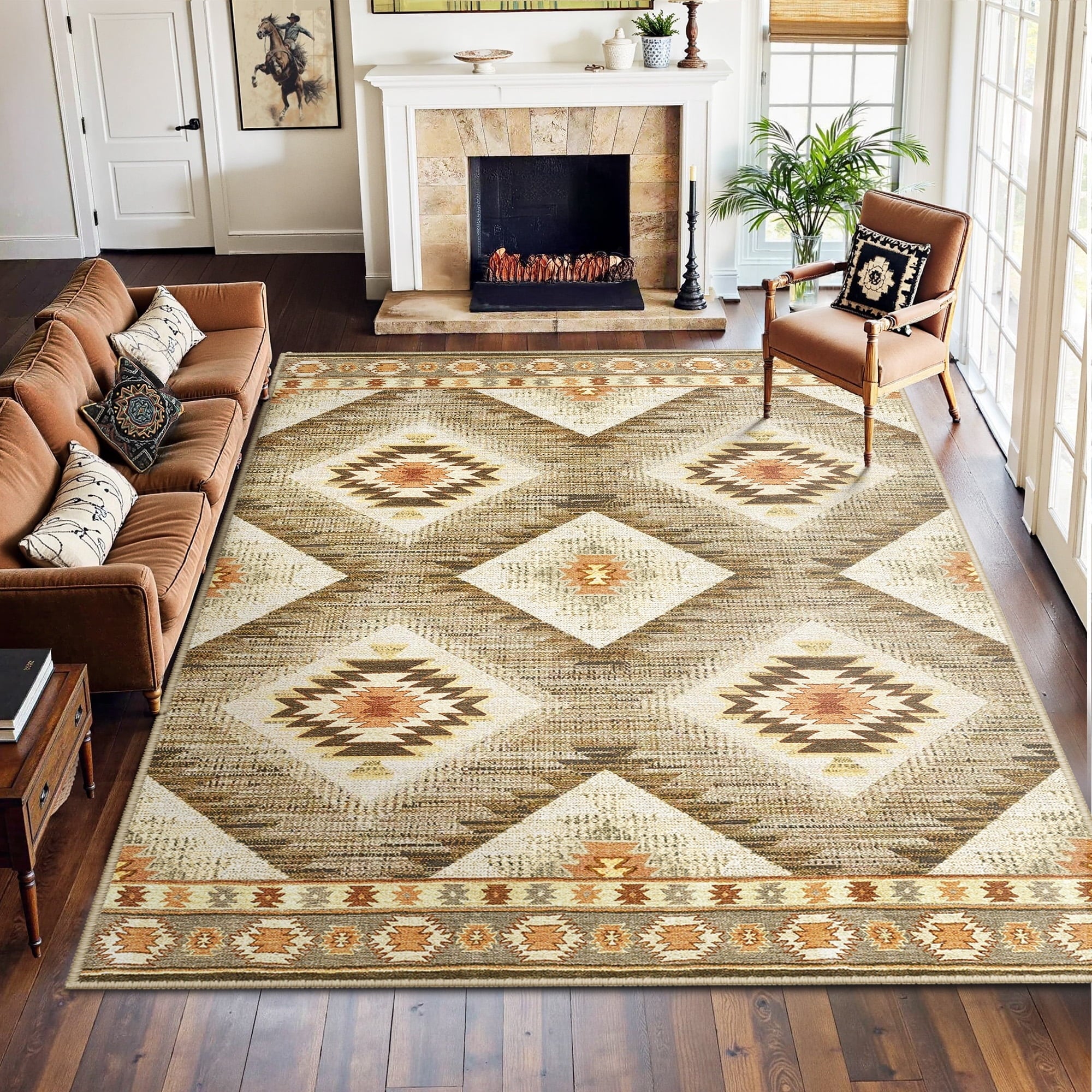 8'x10' Area Rugs for Living Room, Machine Washable Non-Slip Rugs, Low Pile Print Pattern Vintage Distressed Moroccan Western Carpet, Camel