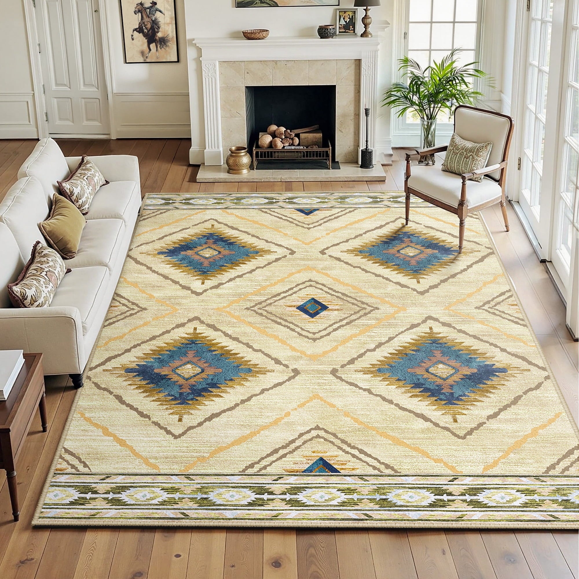 8'x10' Area Rugs for Living Room, Machine Washable Non-Slip Rugs, Low Pile Print Pattern Vintage Distressed Moroccan Western Carpet, Khaki