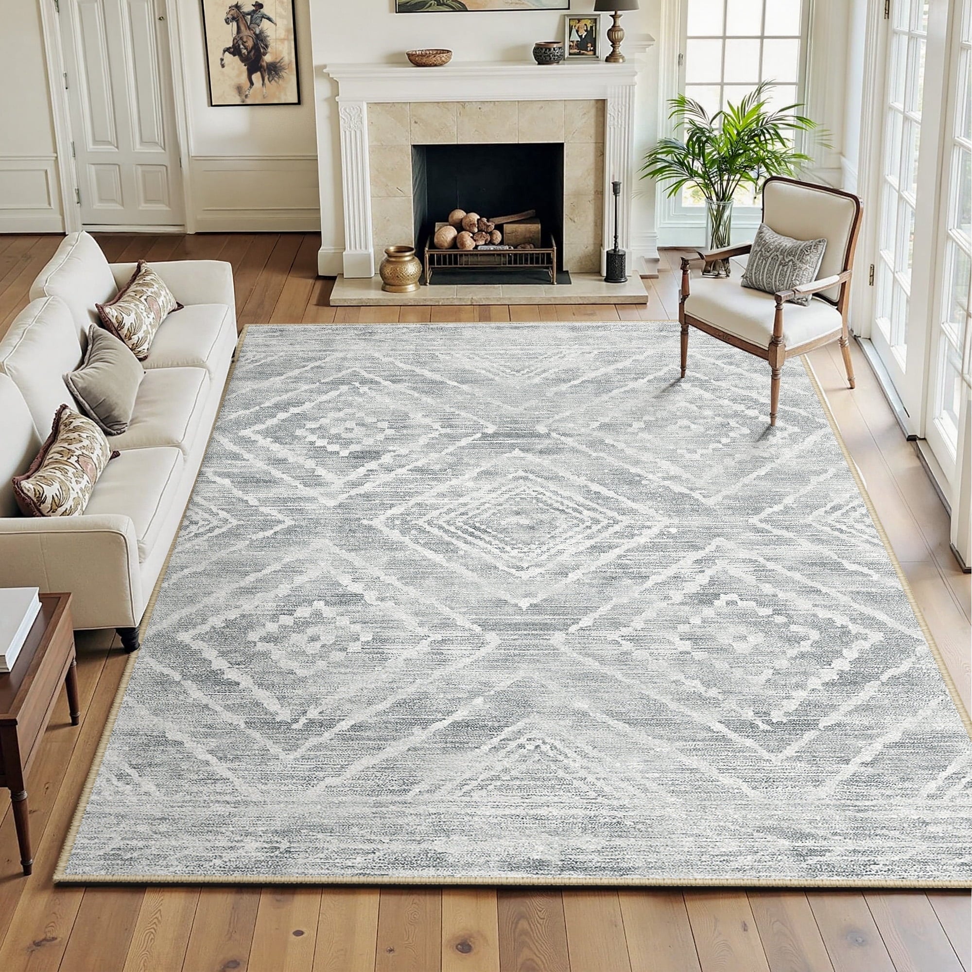 8'x10' Area Rugs for Living Room, Machine Washable Non-Slip Rugs, Low Pile Print Pattern Vintage Distressed Moroccan Western Carpet, Light Gray
