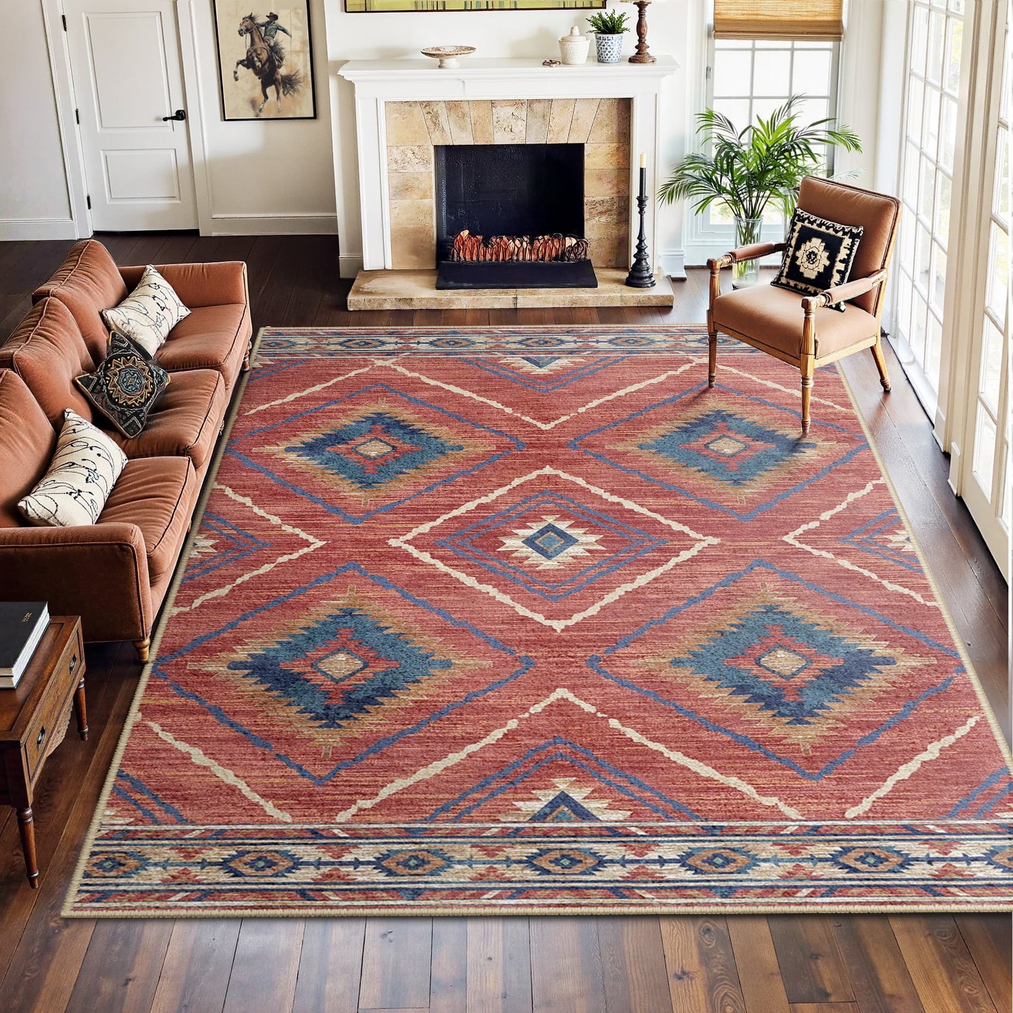 8'x10' Area Rugs for Living Room, Machine Washable Non-Slip Rugs, Low Pile Print Pattern Vintage Distressed Moroccan Western Carpet, Red