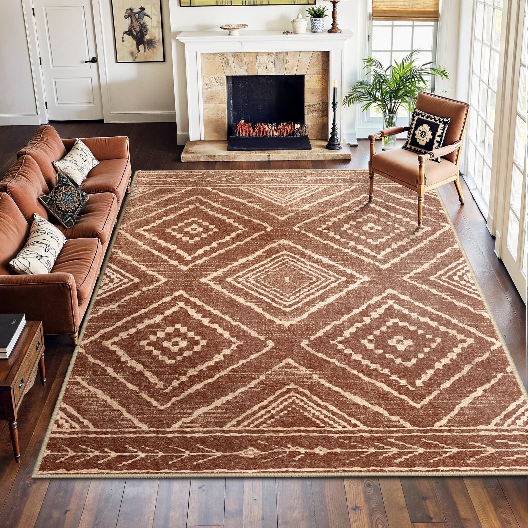8'x10' Area Rugs for Living Room, Machine Washable Non-Slip Rugs, Low Pile Print Pattern Vintage Distressed Moroccan Western Carpet, Yellowbrown