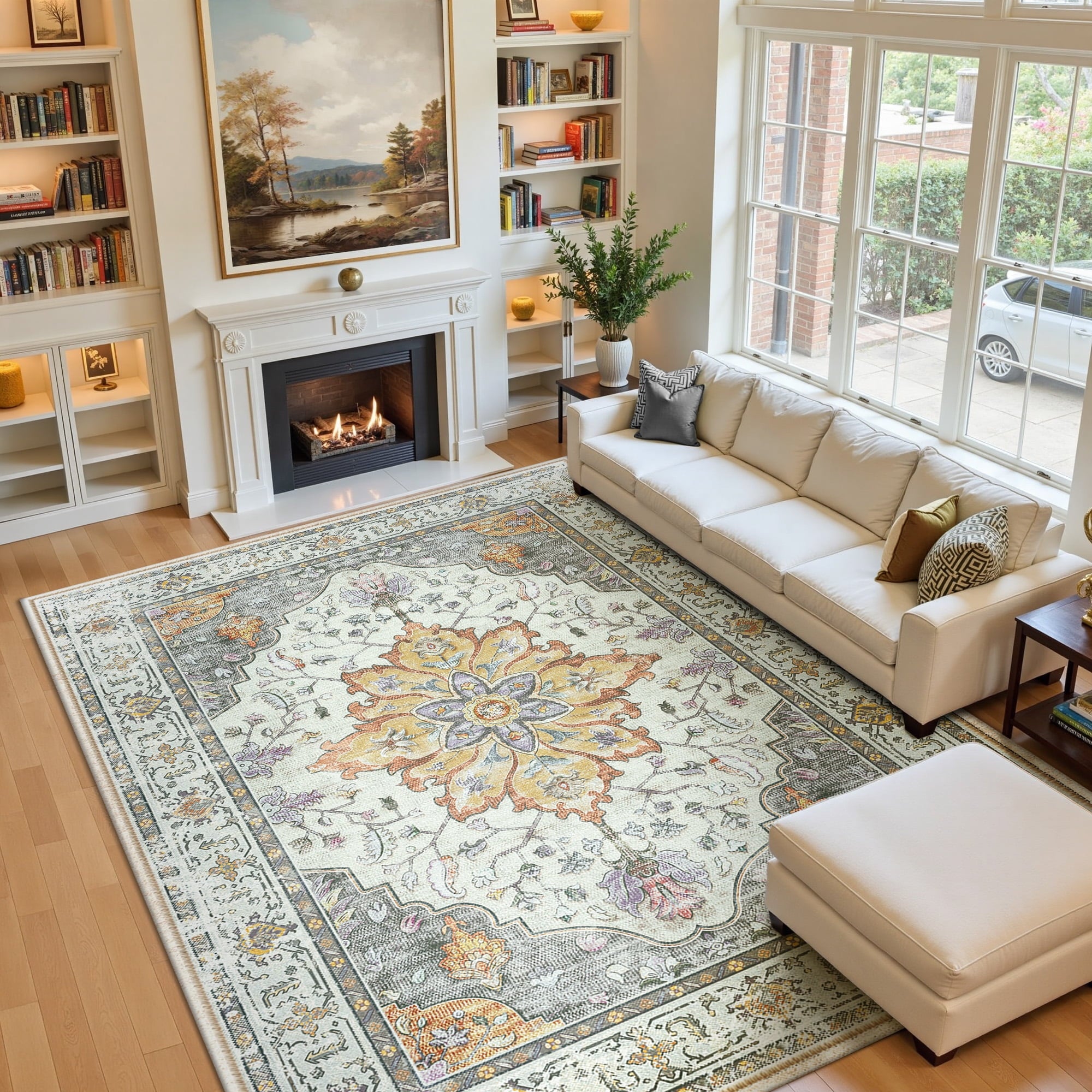 Area Rugs 9'x12' for Living Room, Machine Washable Non-Slip Bedroom Rug, Low Pile Floral Vintage Distress Print Pattern Medallion Carpet, Light Yellow Gray