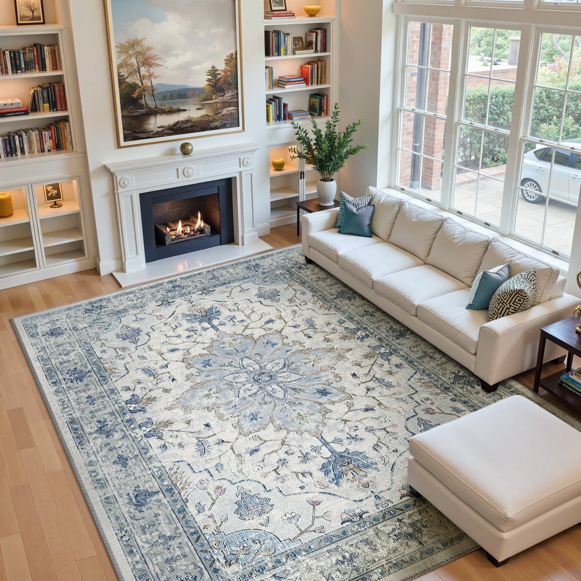 Area Rugs 9'x12' for Living Room, Machine Washable Non-Slip Bedroom Rug, Low Pile Floral Vintage Distress Print Pattern Medallion Carpet, Blue Beige
