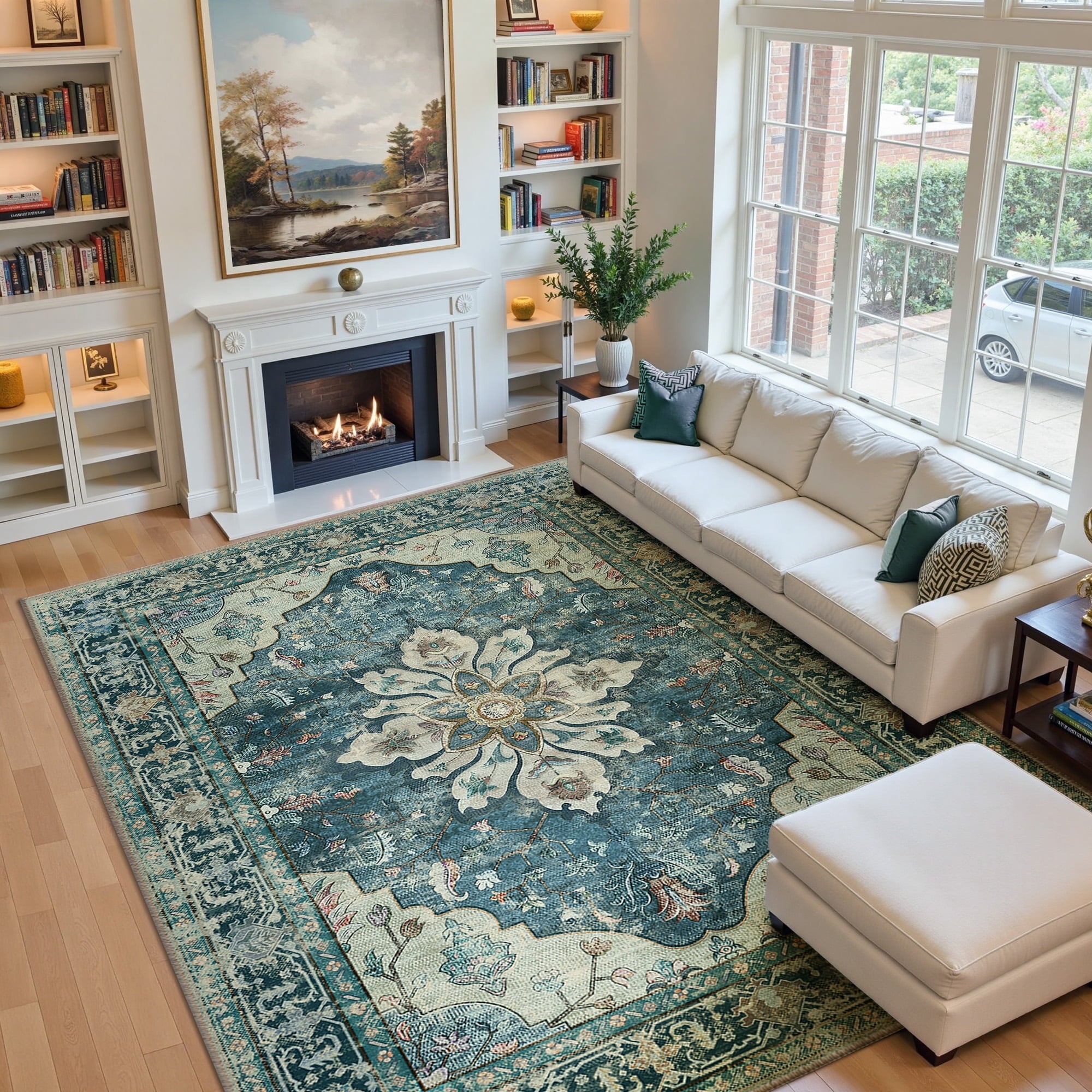Area Rugs 9'x12' for Living Room, Machine Washable Non-Slip Bedroom Rug, Low Pile Floral Vintage Distress Print Pattern Medallion Carpet, Dark Blue