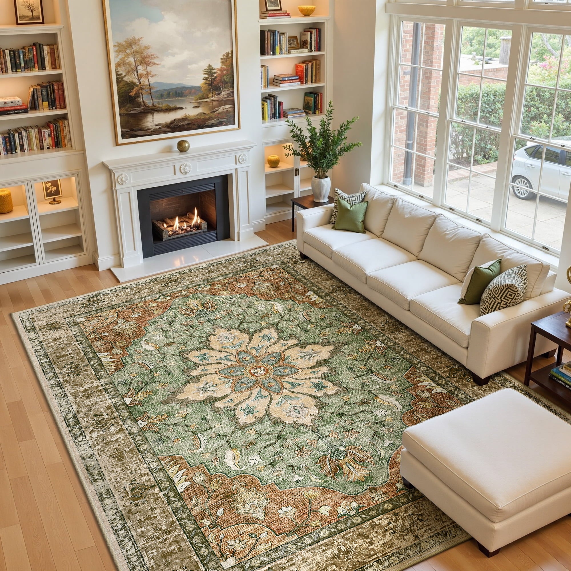 Area Rugs 9'x12' for Living Room, Machine Washable Non-Slip Bedroom Rug, Low Pile Floral Vintage Distress Print Pattern Medallion Carpet, Brick Red Green