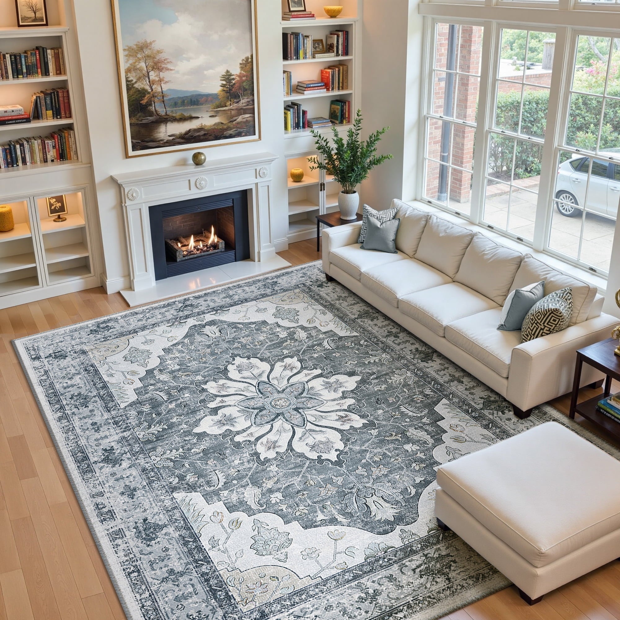 Area Rugs 9'x12' for Living Room, Machine Washable Non-Slip Bedroom Rug, Low Pile Floral Vintage Distress Print Pattern Medallion Carpet, Gray White