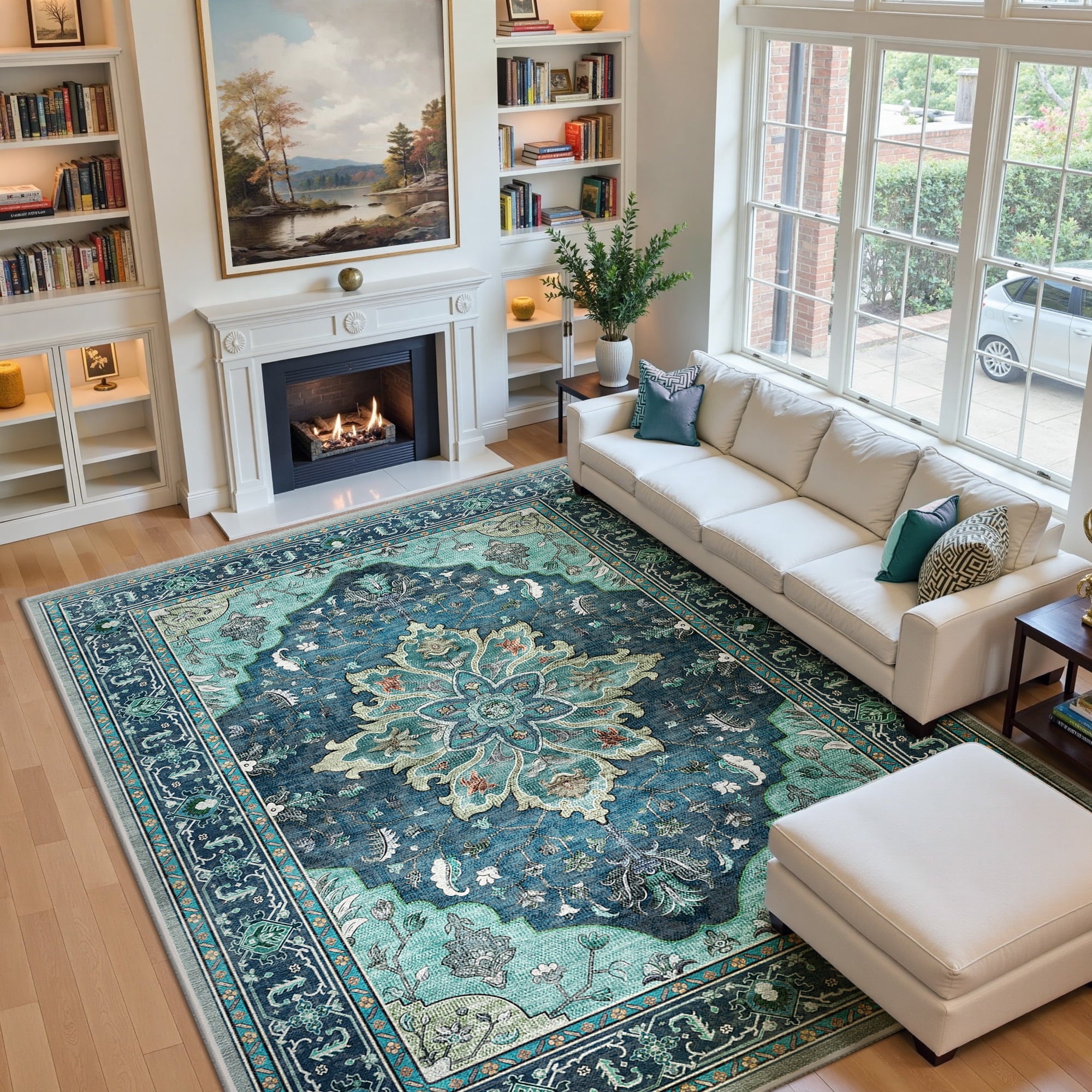 Area Rugs 9'x12' for Living Room, Machine Washable Non-Slip Bedroom Rug, Low Pile Floral Vintage Distress Print Pattern Medallion Carpet, Teal Green