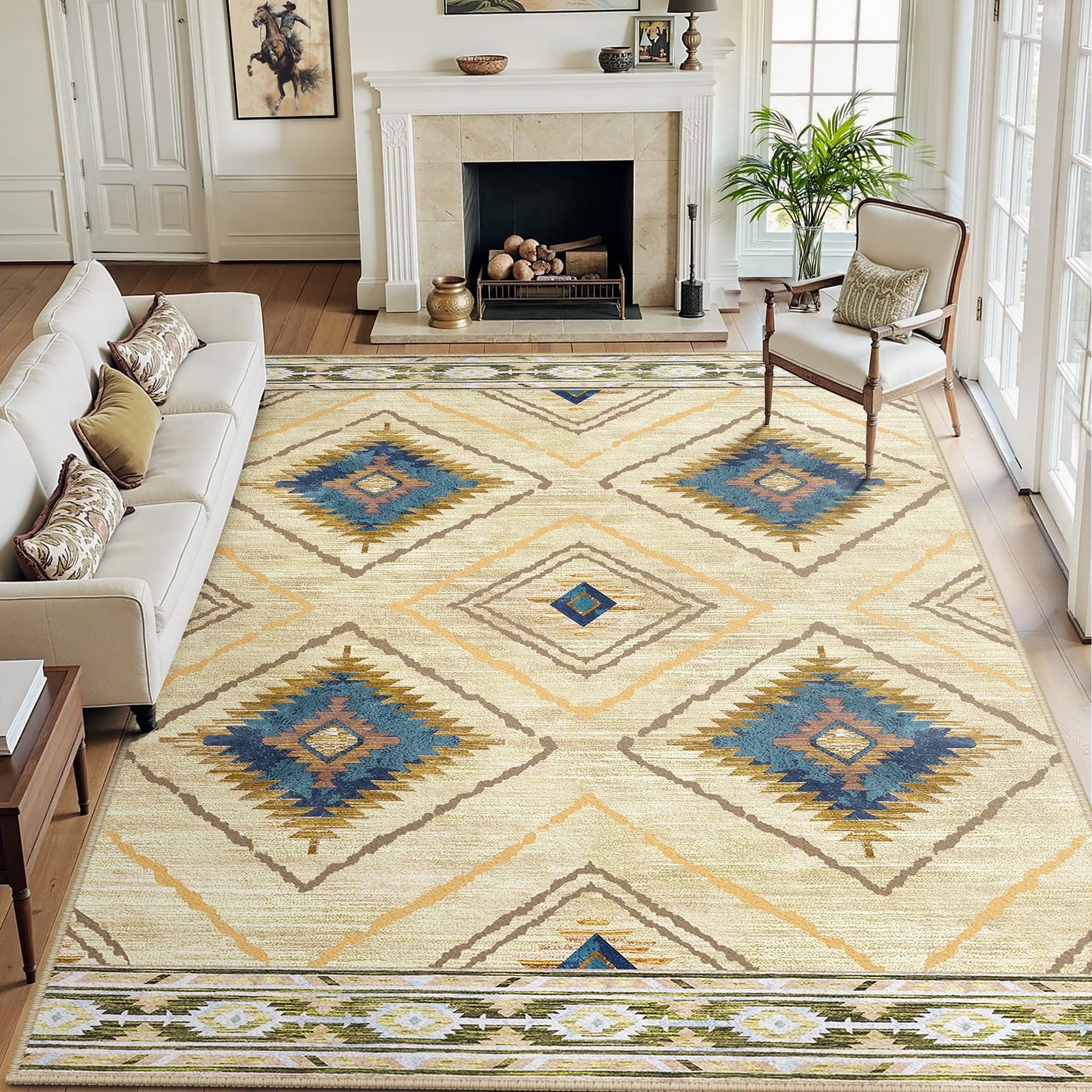 9'x12' Area Rugs for Living Room, Machine Washable Non-Slip Rugs, Low Pile Print Pattern Vintage Distressed Moroccan Western Carpet, Khaki