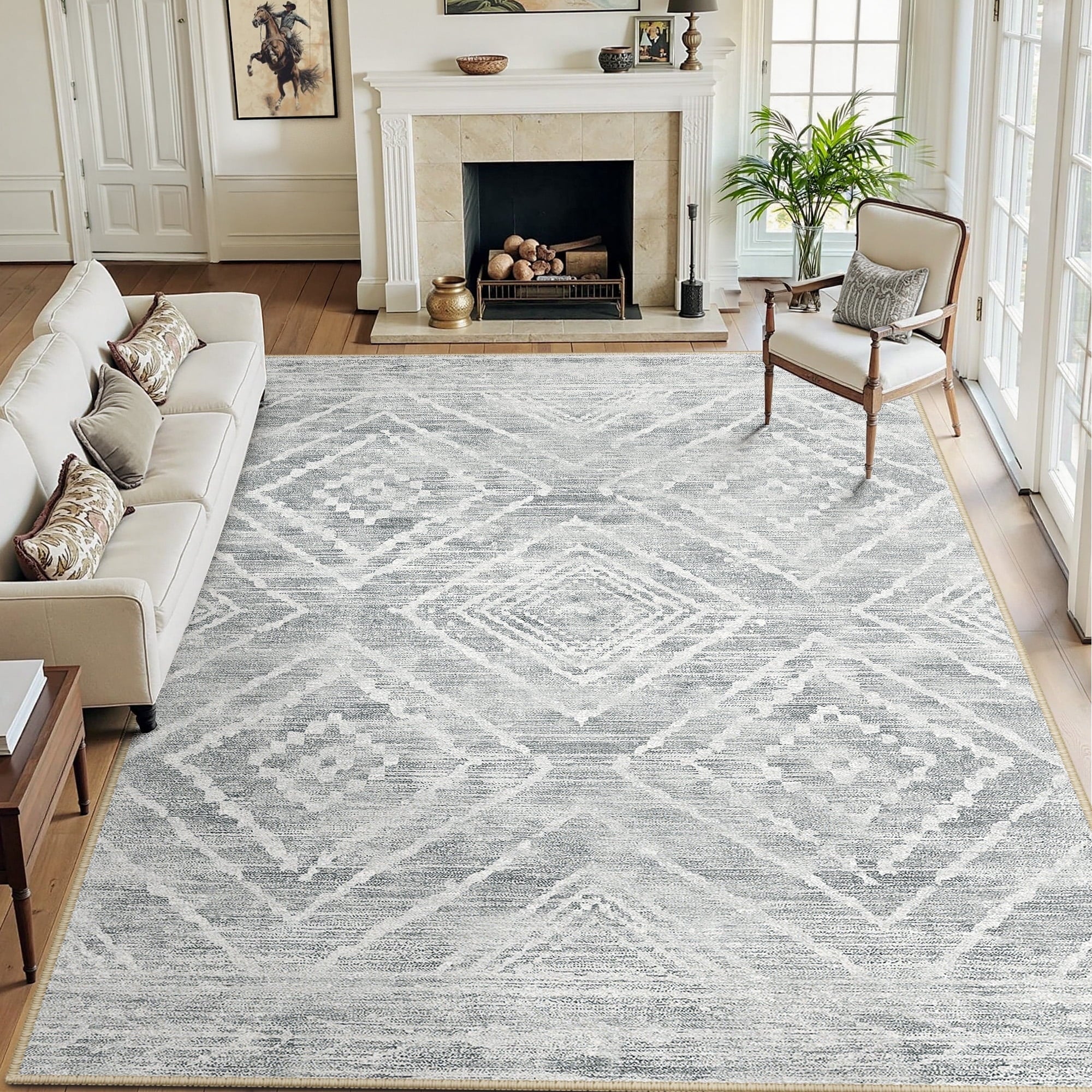 9'x12' Area Rugs for Living Room, Machine Washable Non-Slip Rugs, Low Pile Print Pattern Vintage Distressed Moroccan Western Carpet, Light Gray