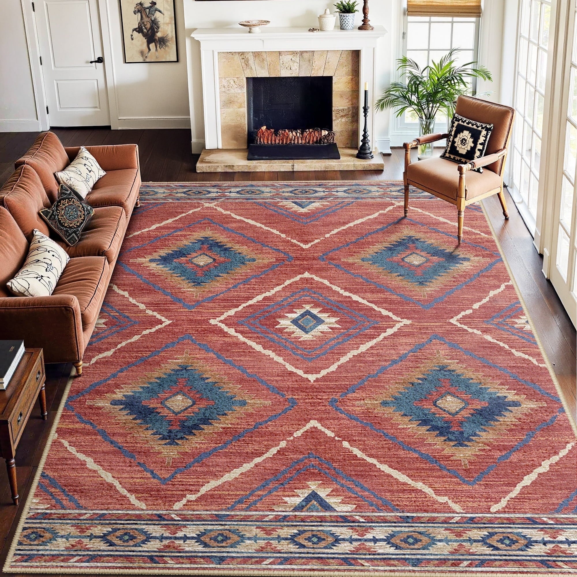 9'x12' Area Rugs for Living Room, Machine Washable Non-Slip Rugs, Low Pile Print Pattern Vintage Distressed Moroccan Western Carpet, Red