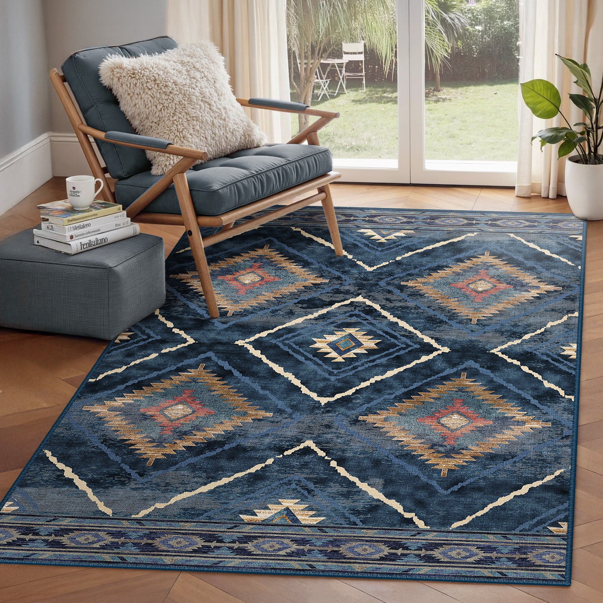 NewBuros 3'x5' Area Rugs for Living Room, Non-Slip Machine Washable Rugs, Soft Stain Resistant Low Pile Vintage Distressed Print Western Indoor Carpet, Darkblue