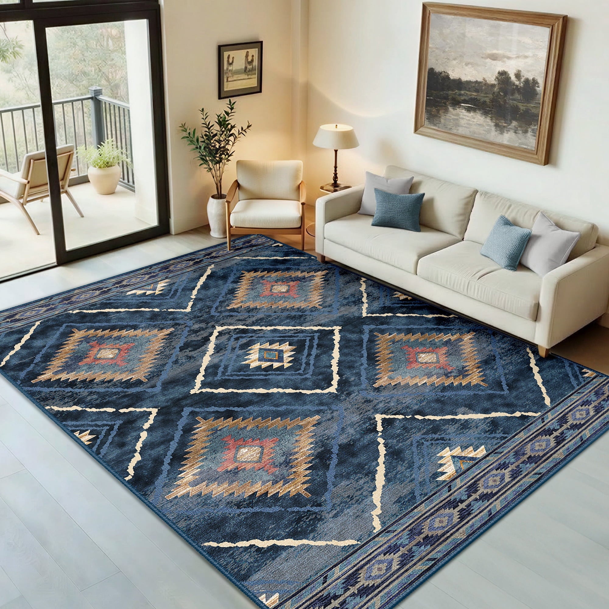 NewBuros 5'x7' Area Rugs for Living Room, Non-Slip Machine Washable Rugs, Soft Stain Resistant Low Pile Vintage Distressed Print Western Indoor Carpet, Darkblue