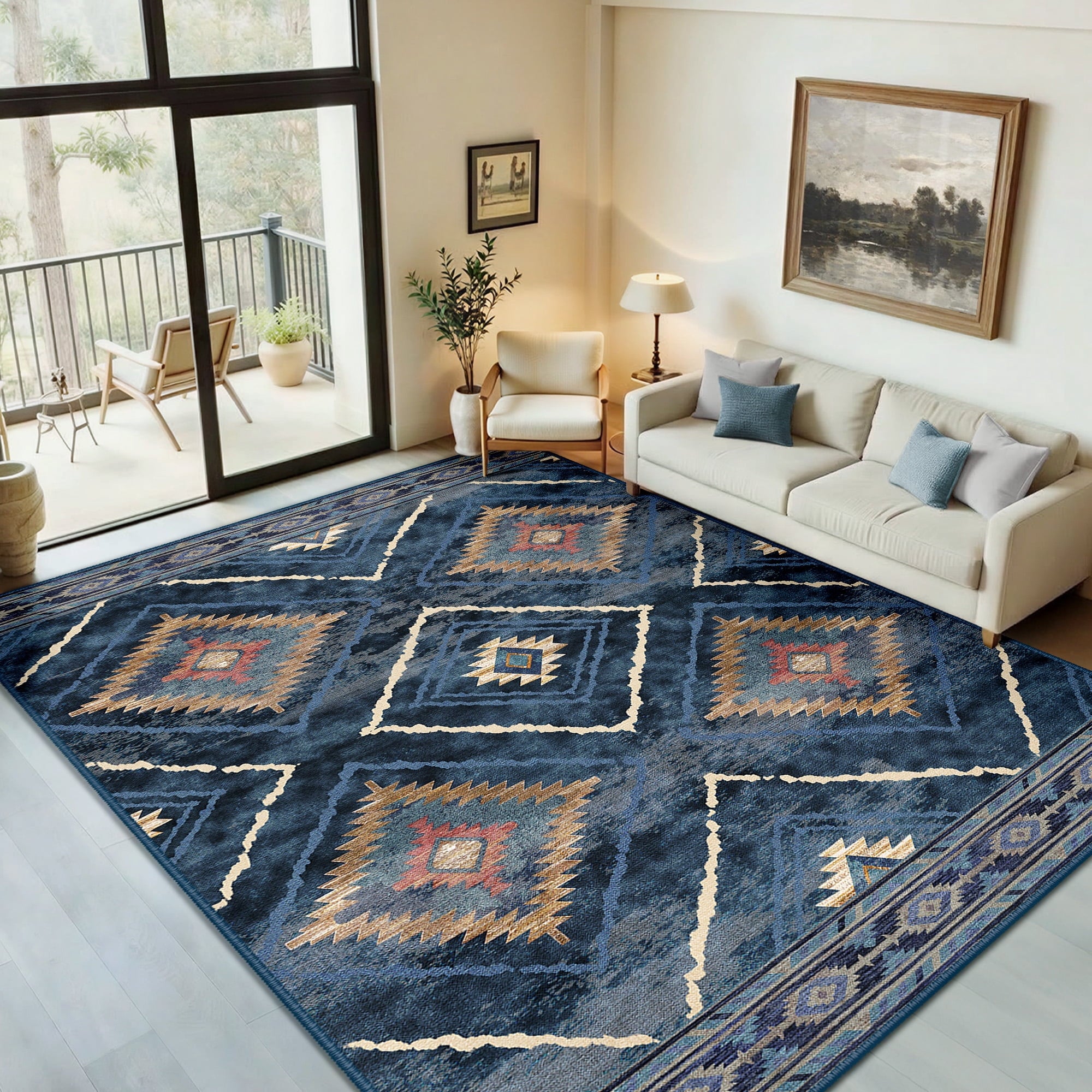 NewBuros 6'x9' Area Rugs for Living Room, Non-Slip Machine Washable Rugs, Soft Stain Resistant Low Pile Vintage Distressed Print Western Indoor Carpet, Darkblue