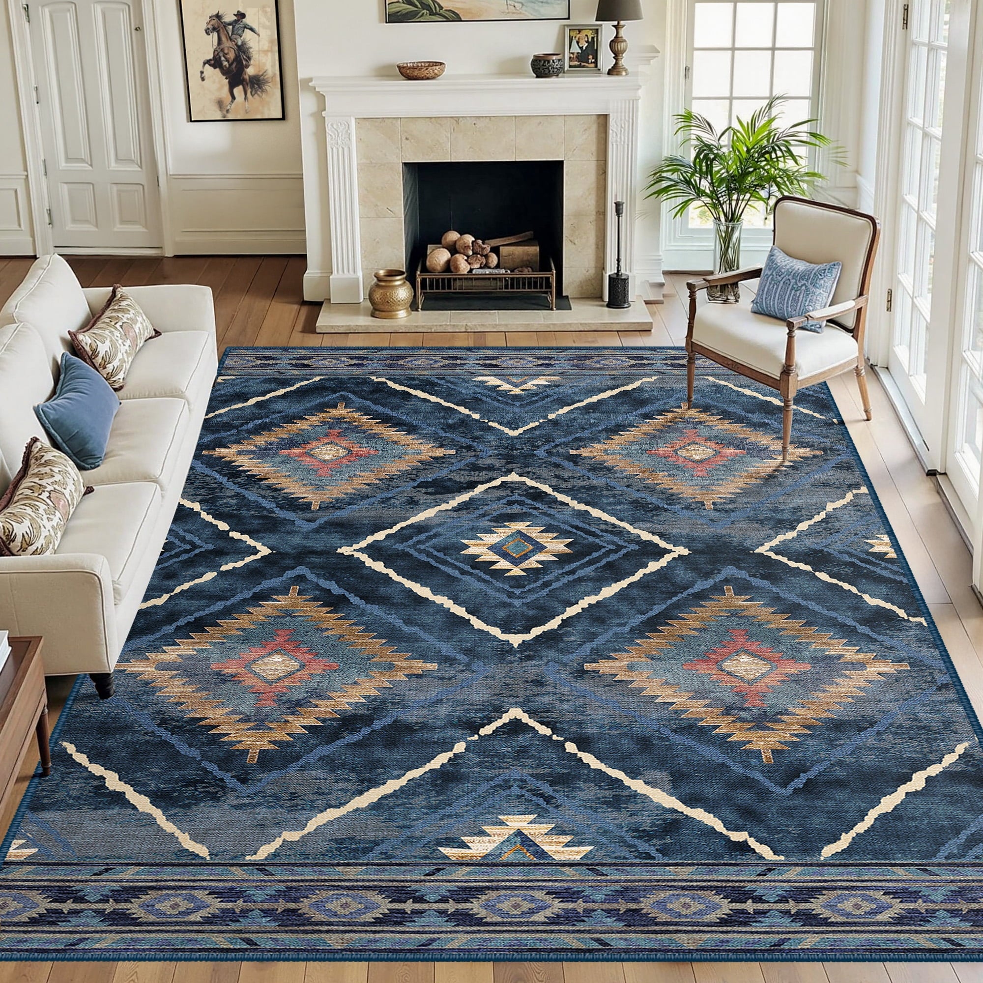 NewBuros 8'x10' Area Rugs for Living Room, Non-Slip Machine Washable Rugs, Soft Stain Resistant Low Pile Vintage Distressed Print Western Indoor Carpet, Darkblue