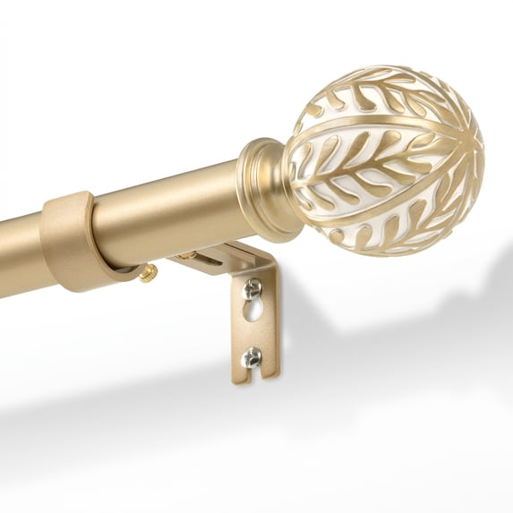 NewBuros Champagne Wood Curtain Rod for Windows, 1'' Diameter Heavy-Duty Wooden Curtain Pole Set, Adjustable Length 32 to 86 Inch with Decorative Leaf Finial.