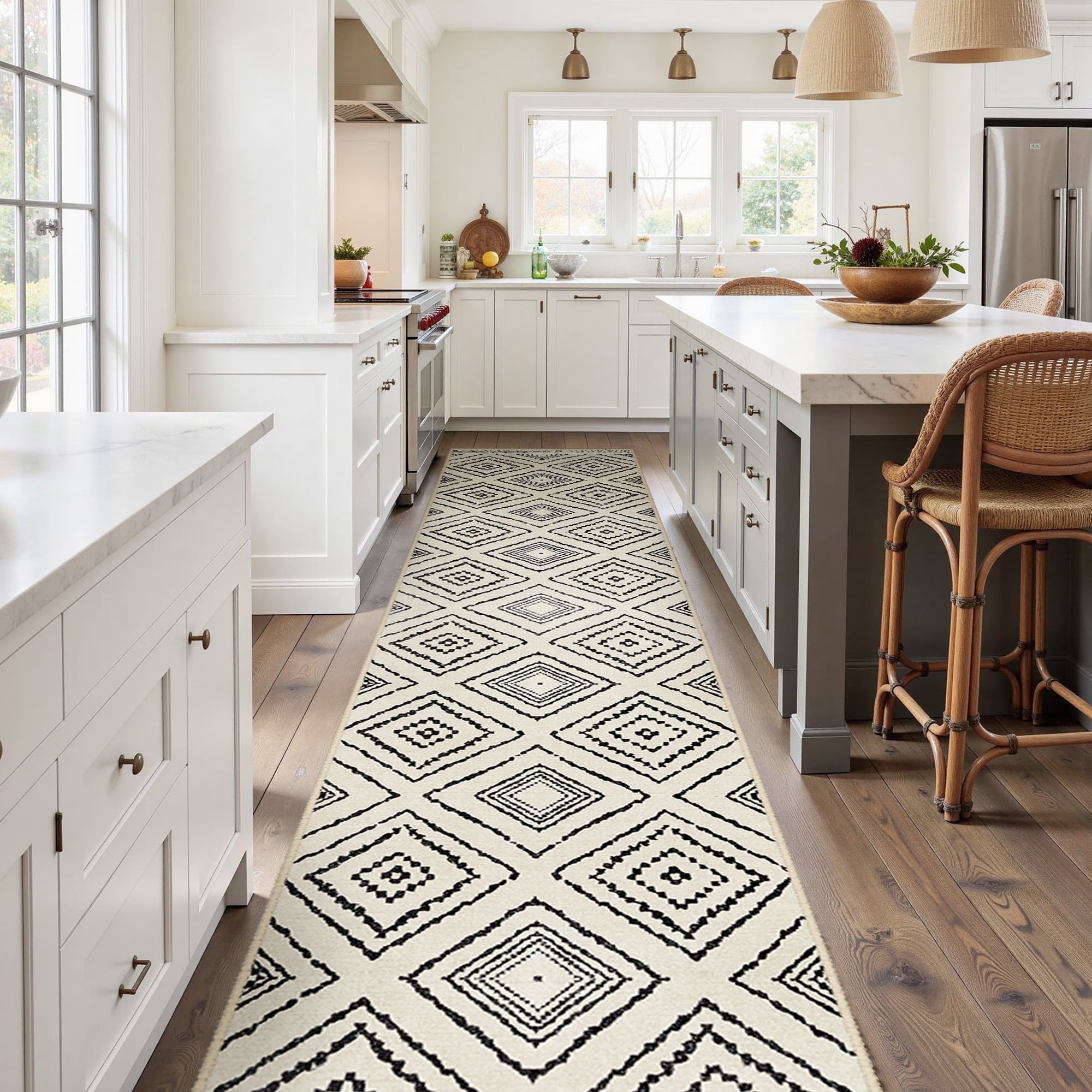 2'x10' Runner Rugs, Machine Washable Non-Slip Kitchen Rugs, Low Pile Print Pattern Vintage Distressed Moroccan Western Carpet for Hallway, White & Black