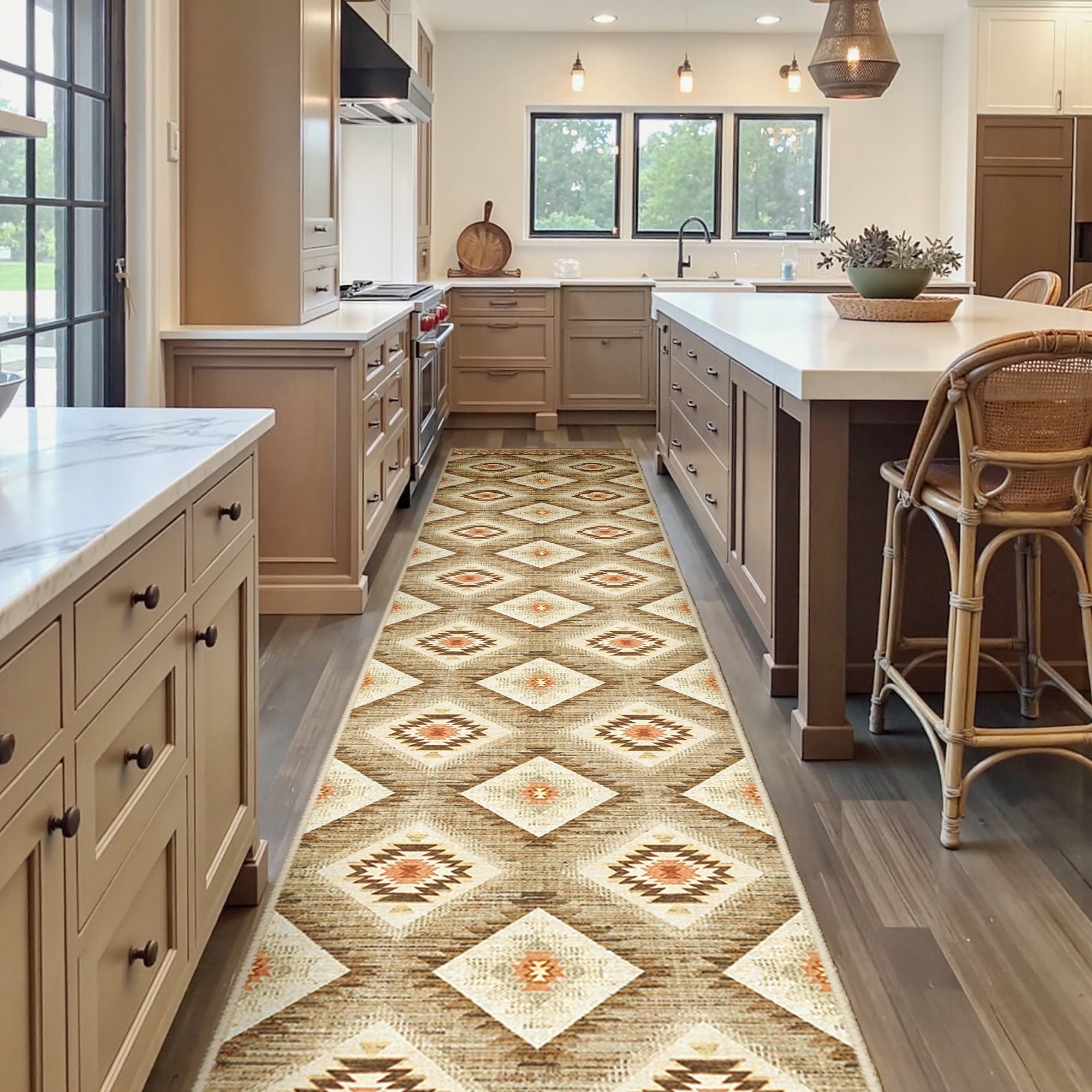 2'x10' Runner Rugs, Machine Washable Non-Slip Kitchen Rugs, Low Pile Print Pattern Vintage Distressed Moroccan Western Carpet for Hallway, Camel