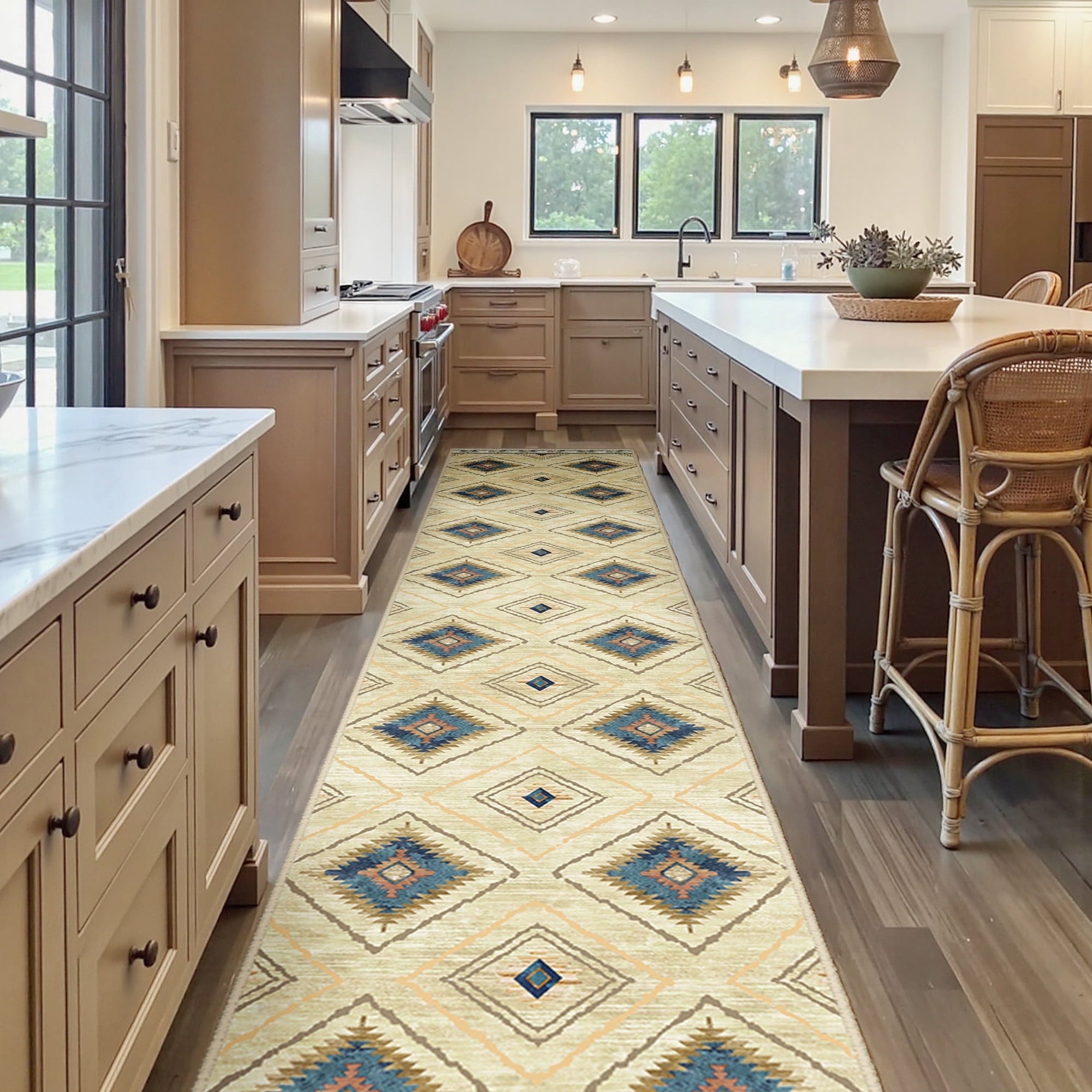 2'x10' Runner Rugs, Machine Washable Non-Slip Kitchen Rugs, Low Pile Print Pattern Vintage Distressed Moroccan Western Carpet for Hallway, Khaki