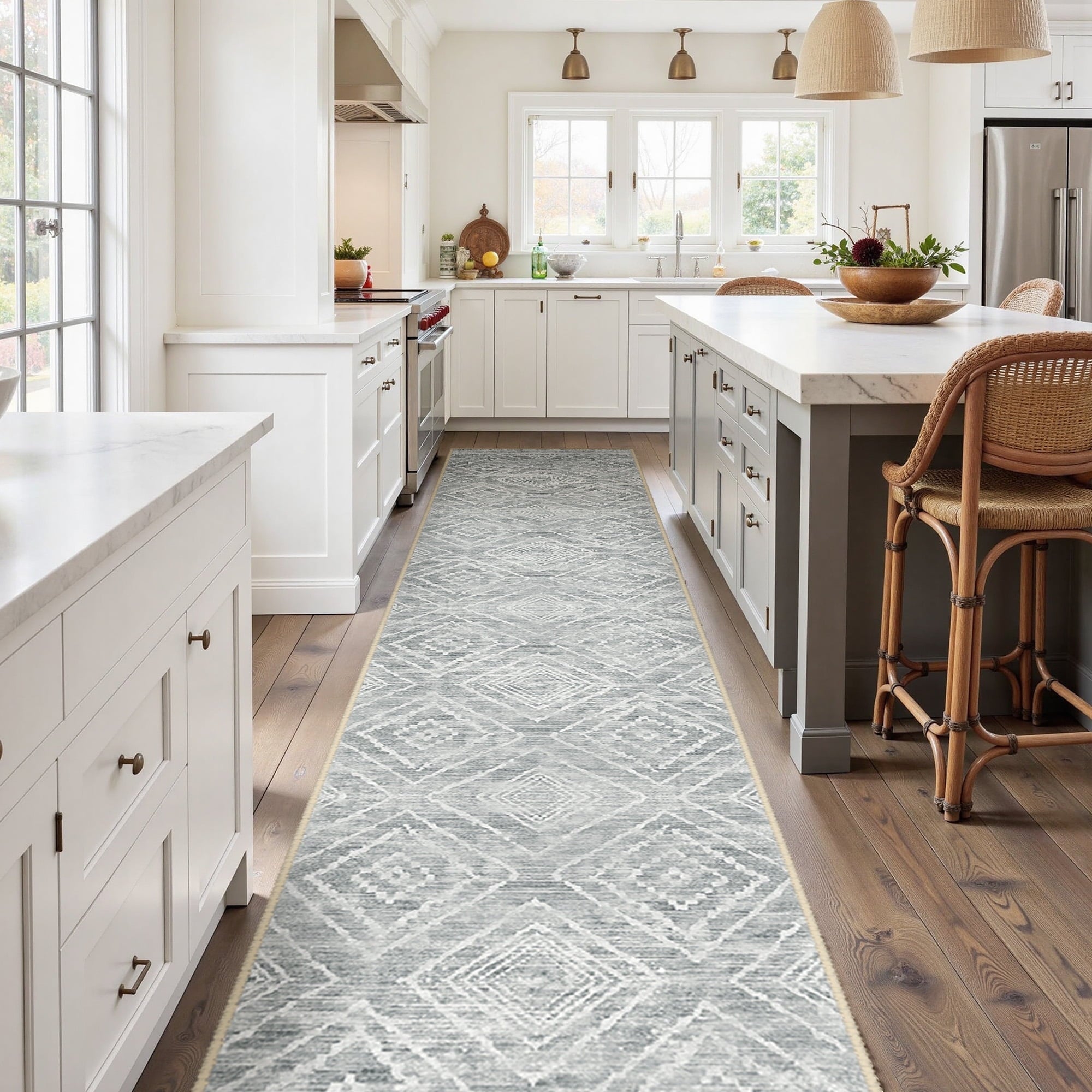 2'x10' Runner Rugs, Machine Washable Non-Slip Kitchen Rugs, Low Pile Print Pattern Vintage Distressed Moroccan Western Carpet for Hallway, Light Gray
