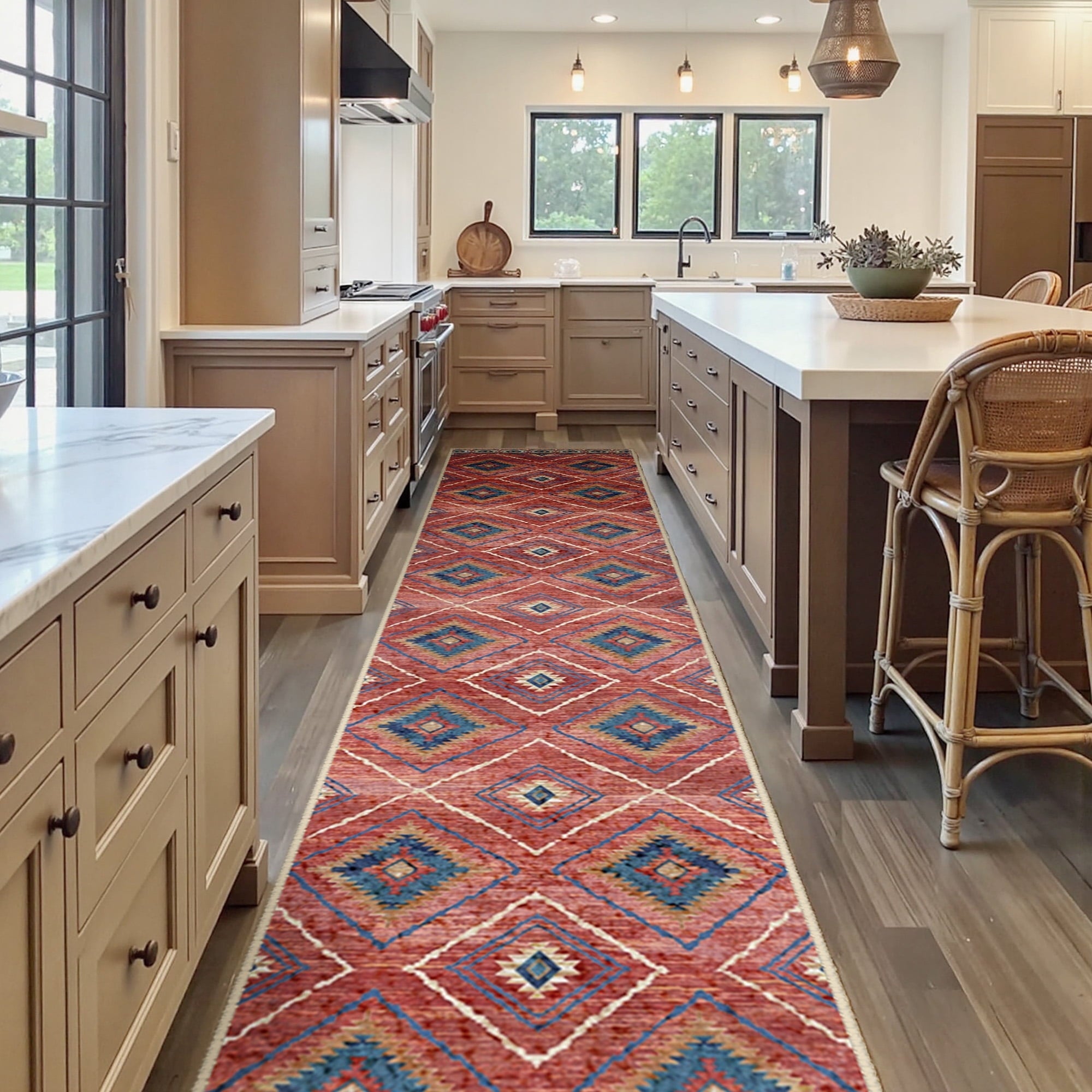 2'x10' Runner Rugs, Machine Washable Non-Slip Kitchen Rugs, Low Pile Print Pattern Vintage Distressed Moroccan Western Carpet for Hallway, Red