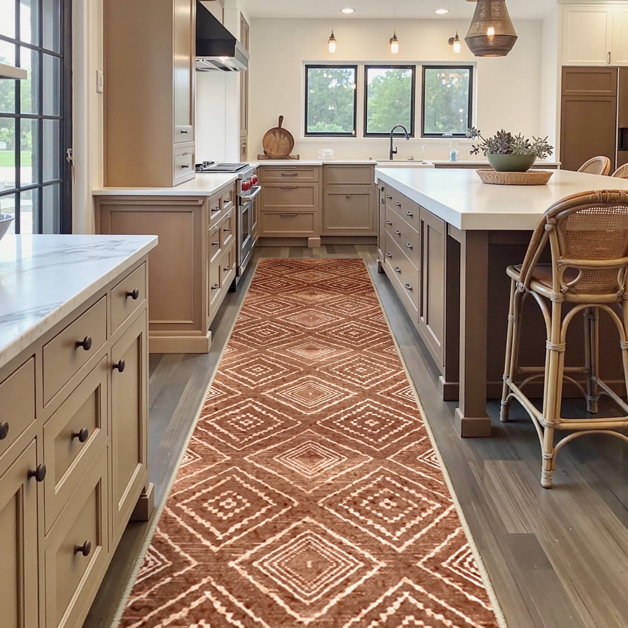 2'x10' Runner Rugs, Machine Washable Non-Slip Kitchen Rugs, Low Pile Print Pattern Vintage Distressed Moroccan Western Carpet for Hallway, Yellowbrown