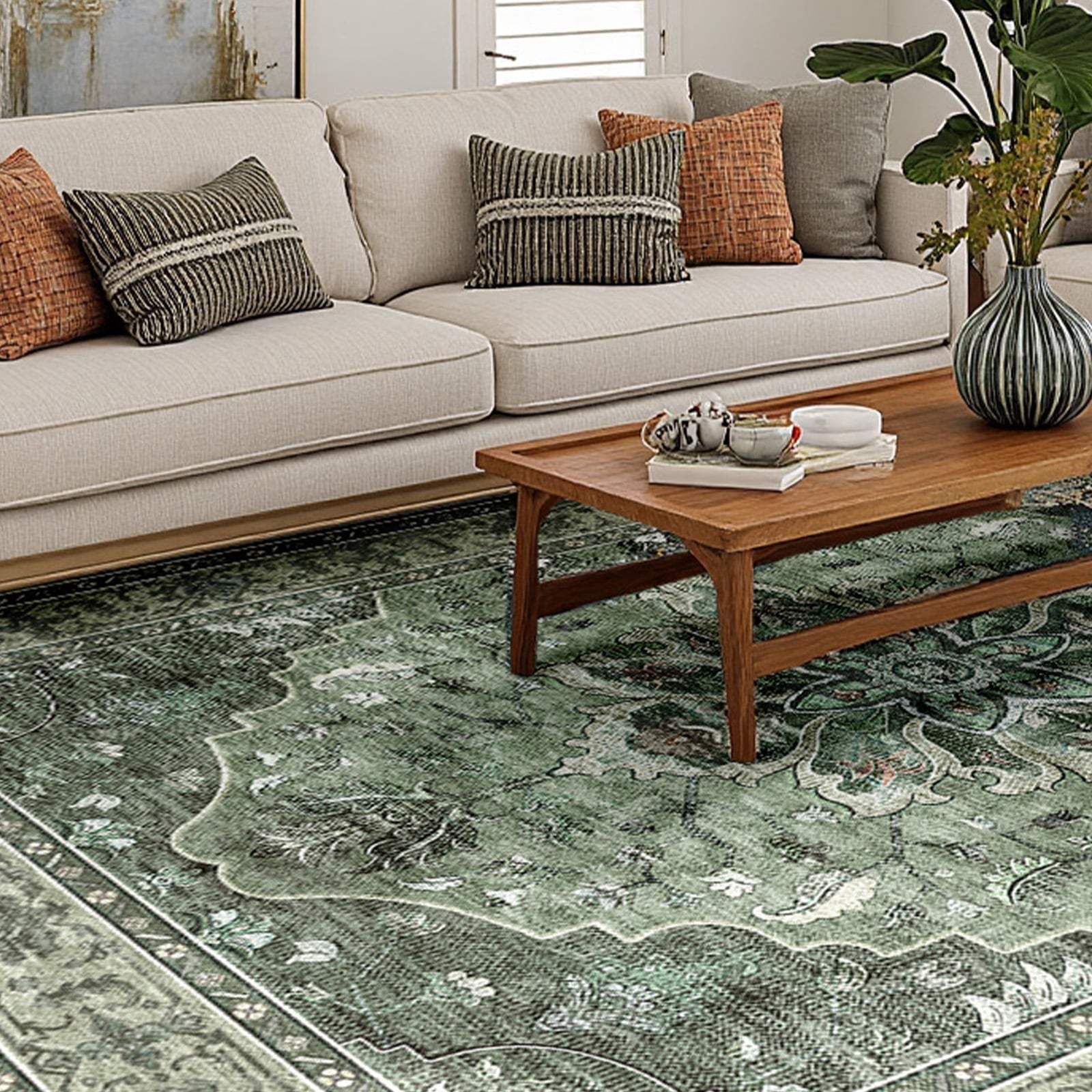 NewBuros Area Rugs 4'x6', Machine Washable Non-Slip Rug for Living Room Bedroom, Low Pile Floral Vintage Distress Print Pattern Medallion Carpet, Gray Green