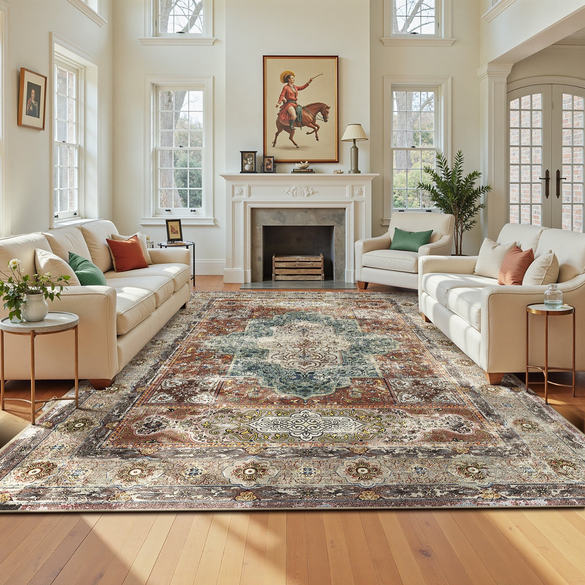 8'x10' Area Rugs for Living Room, Machine Washable No-Pile Non-Slip Soft Vintage Rugs, Indoor Print Bohemian Distressed Carpet, Brick Red