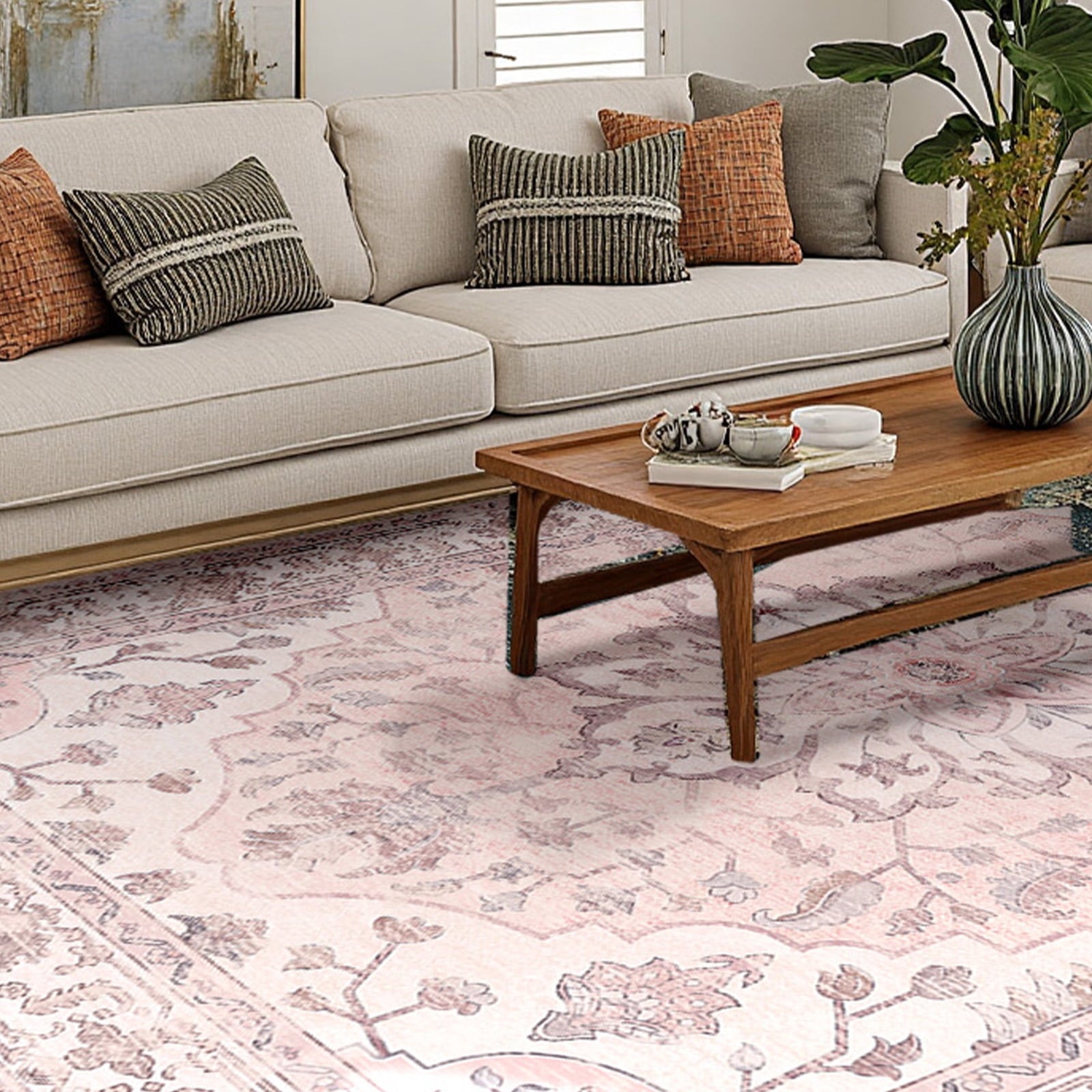 NewBuros Area Rugs 4'x6', Machine Washable Non-Slip Rug for Living Room Bedroom, Low Pile Floral Vintage Distress Print Pattern Medallion Carpet, Gray Pink