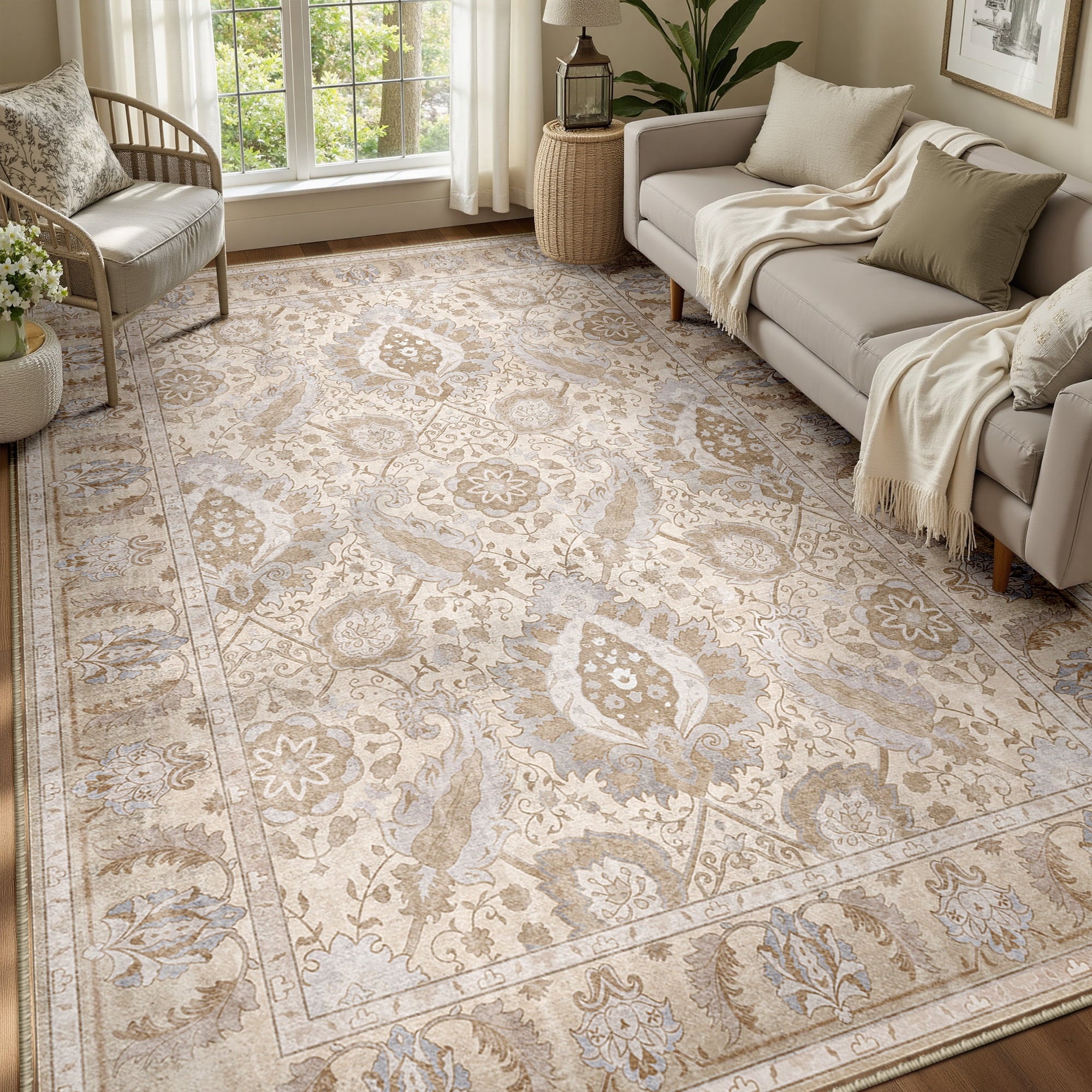 Boho Area Rug 6'x9', Machine Washable Non-Slip Vintage Bohemian Carpet, Indoor Soft Stain Resistant Low Pile Rug for Living Room, Khaki