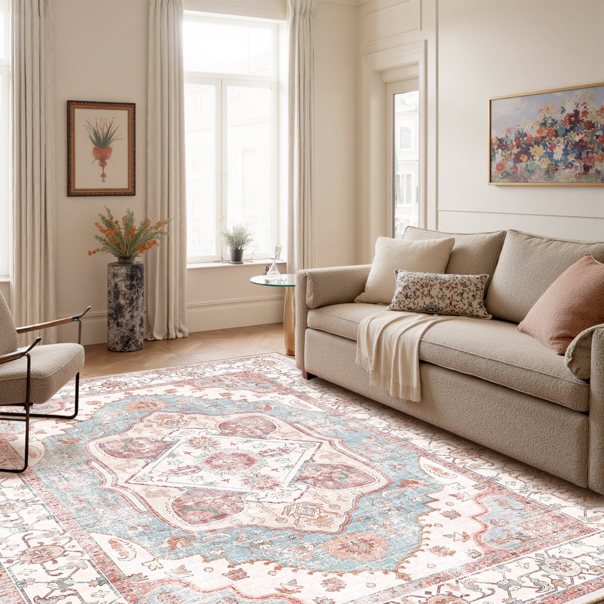 6'x9' Area Rug, Machine Washable Vintage Tribal Low Pile Indoor Carpet, Stain Resistant Non-Slip No-Shedding Soft Area Rugs for Living Room, Pink