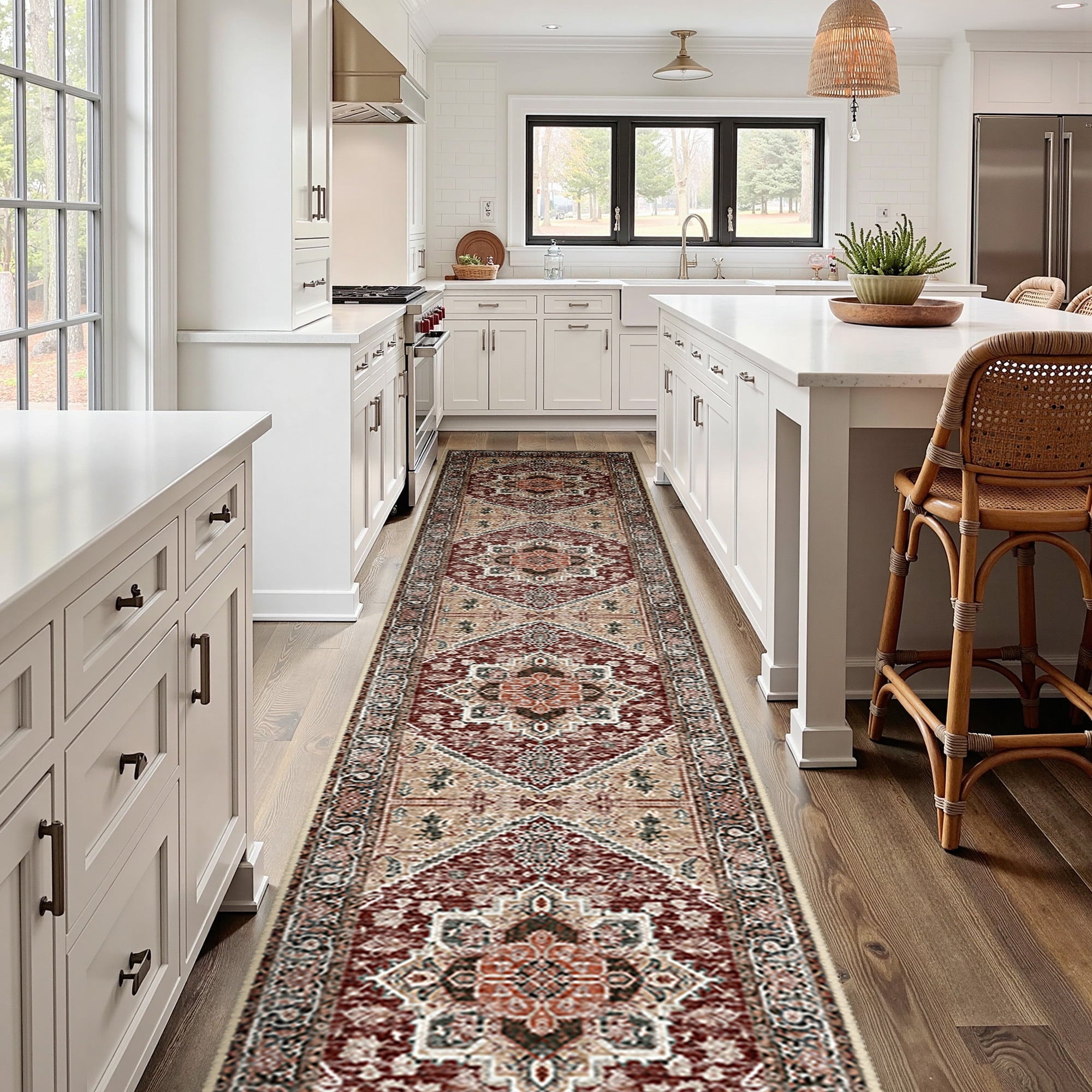 Area Rug 2'x10' Washable, Non Slip Stain Resistant Low Pile Soft Carpet, Vintage Print Pattern Runner Rug for Hallway, Burgundy