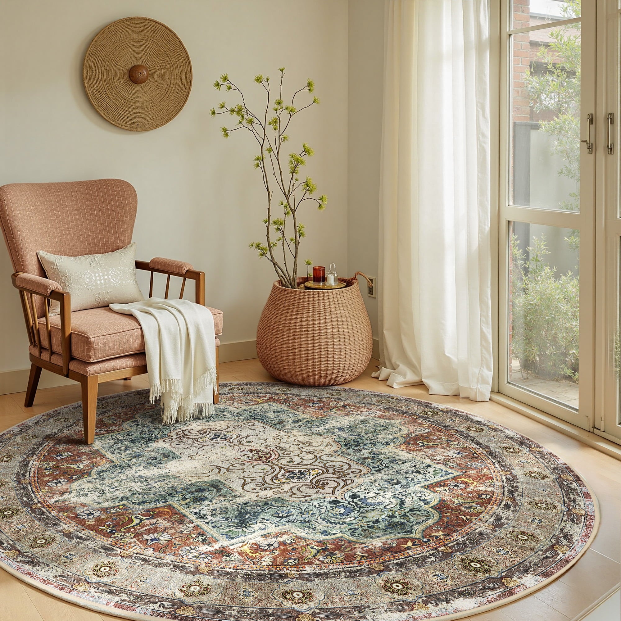 6FT Area Rugs for Living Room, Machine Washable No-Pile Non-Slip Soft Vintage Rugs, Indoor Print Bohemian Distressed Round Carpet, Brick Red