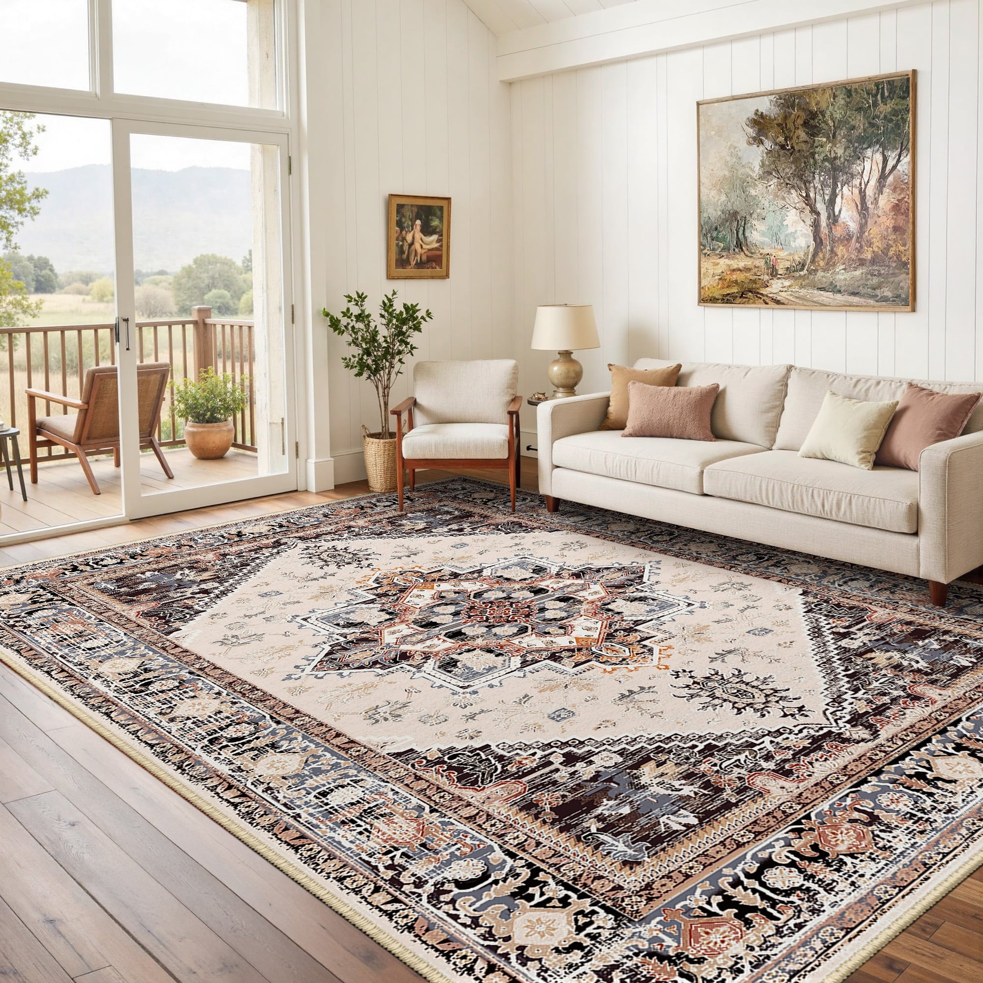 Area Rug 6'x9' Washable, Non Slip Stain Resistant Low Pile Soft Carpet, Vintage Print Pattern Rug for Living Room, Khaki