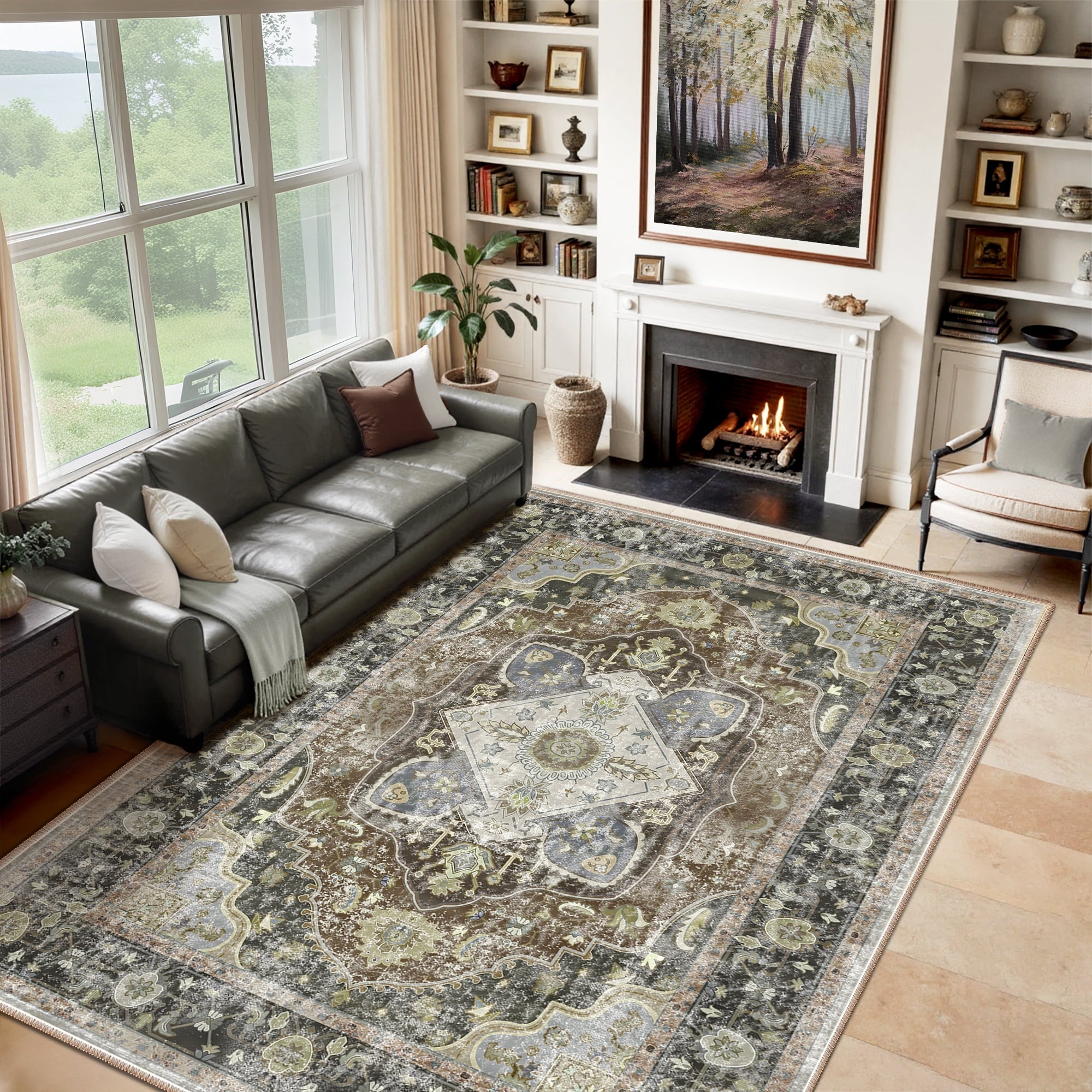 9'x12' Area Rug, Machine Washable Vintage Tribal Low Pile Indoor Carpet, Stain Resistant Non-Slip No-Shedding Soft Area Rugs for Living Room, Dark Green