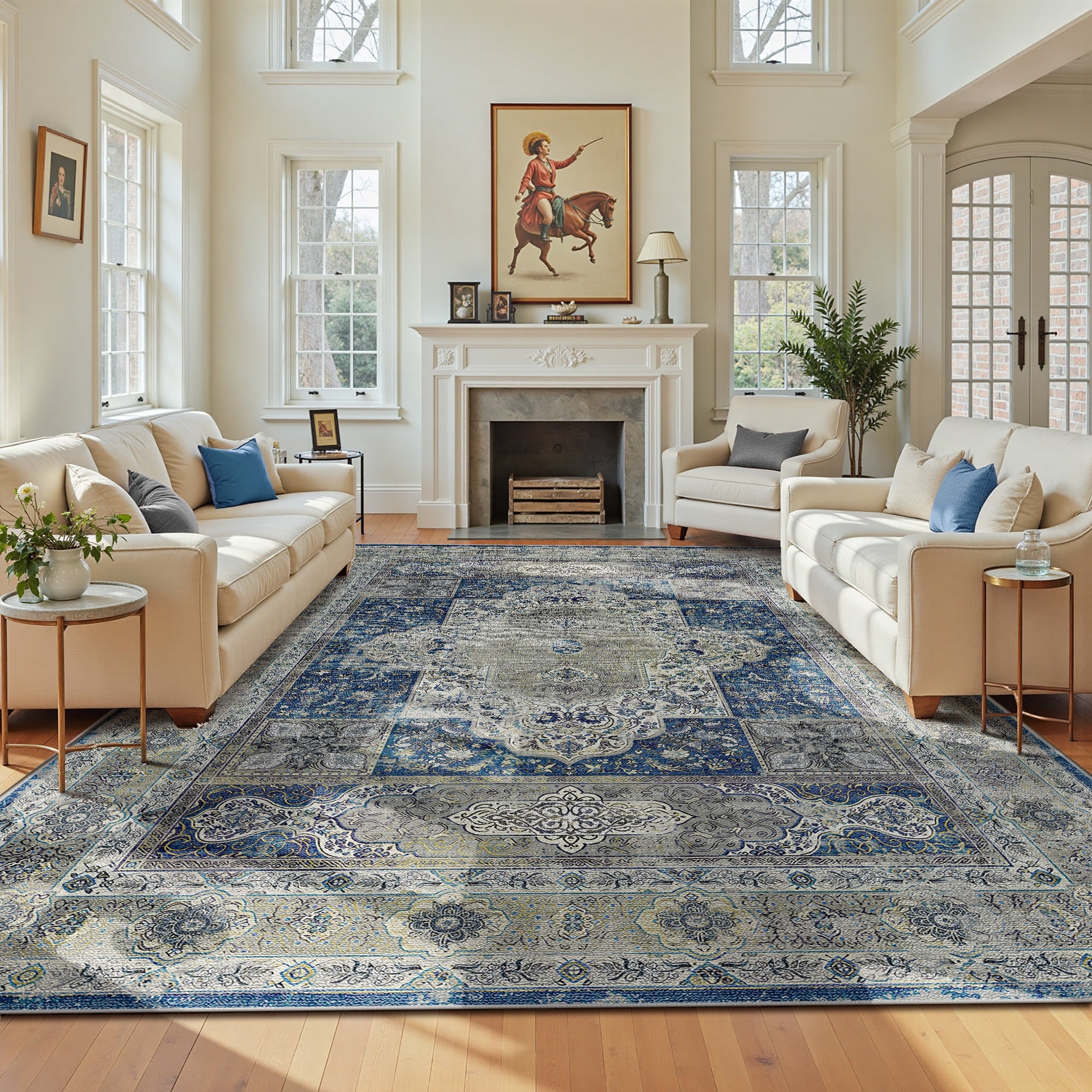 9'x12' Area Rugs for Living Room, Machine Washable No-Pile Non-Slip Soft Vintage Rugs, Indoor Print Bohemian Distressed Carpet, Blue