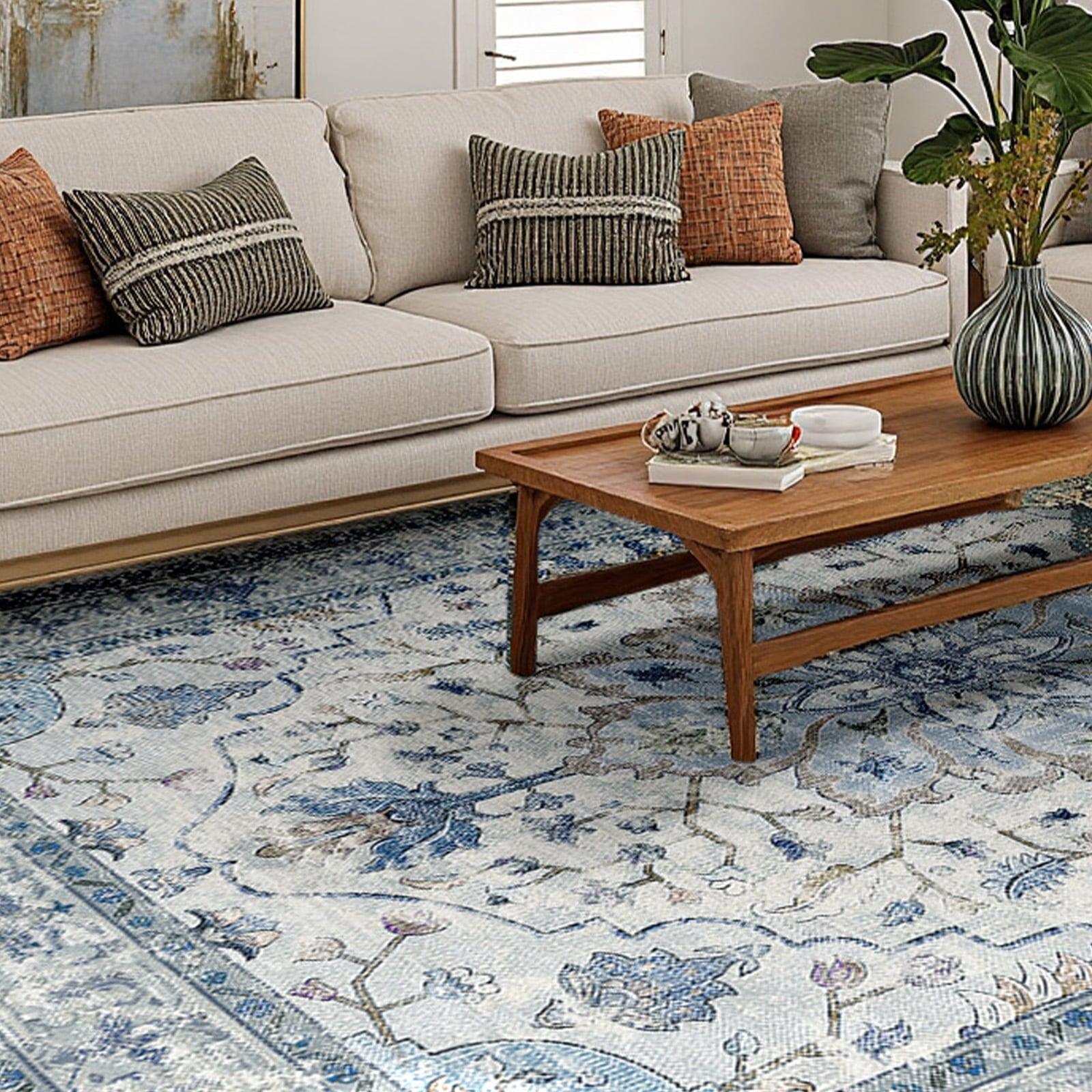 NewBuros Runner Rugs 2'x8', Machine Washable Non-Slip Rug for Hallway, Low Pile Floral Vintage Distress Print Pattern Medallion Carpet, Blue Beige